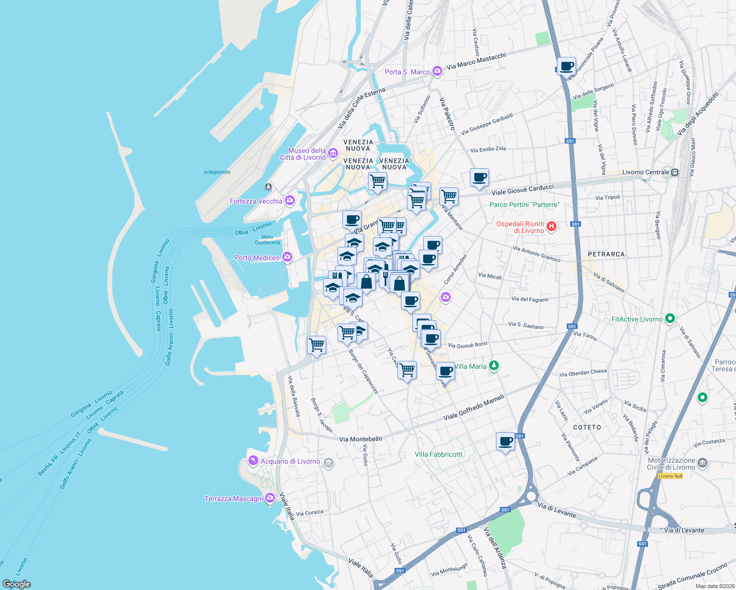 map of restaurants, bars, coffee shops, grocery stores, and more near 36-38 Via Michon in Leghorn