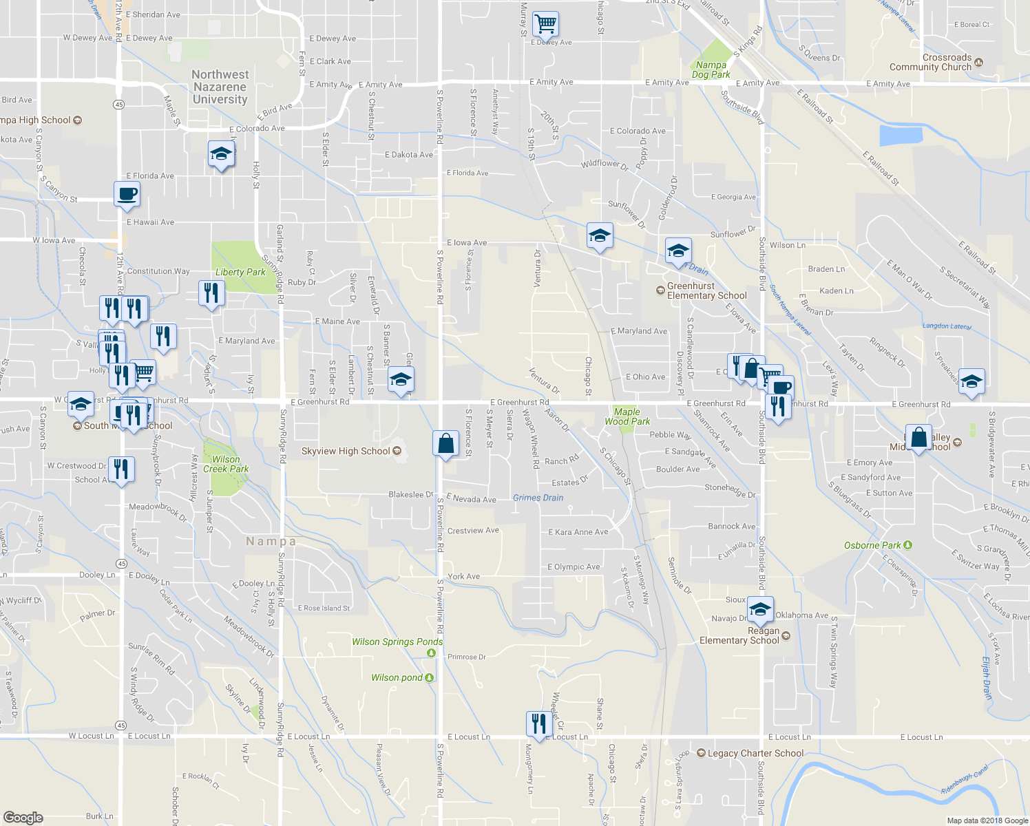 map of restaurants, bars, coffee shops, grocery stores, and more near 2314 Sierra Drive in Nampa