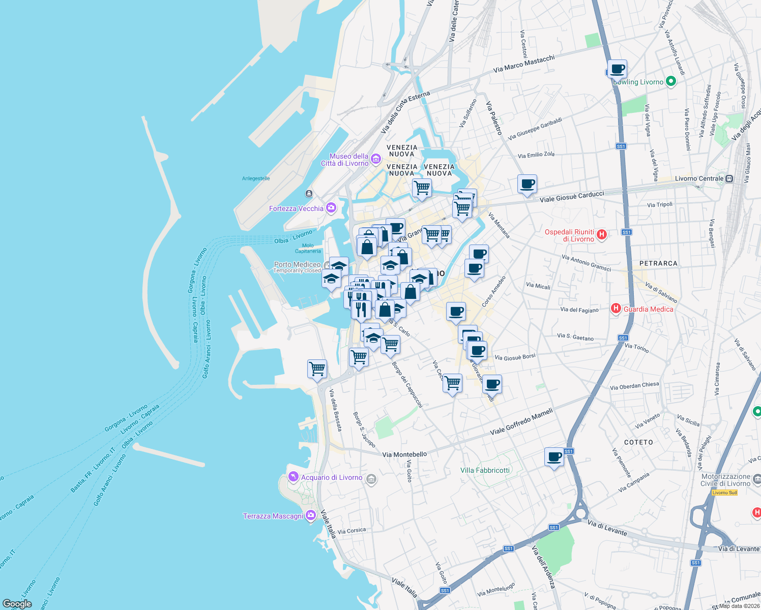 map of restaurants, bars, coffee shops, grocery stores, and more near 19 Via Don Giov Batt Quilici in Livorno