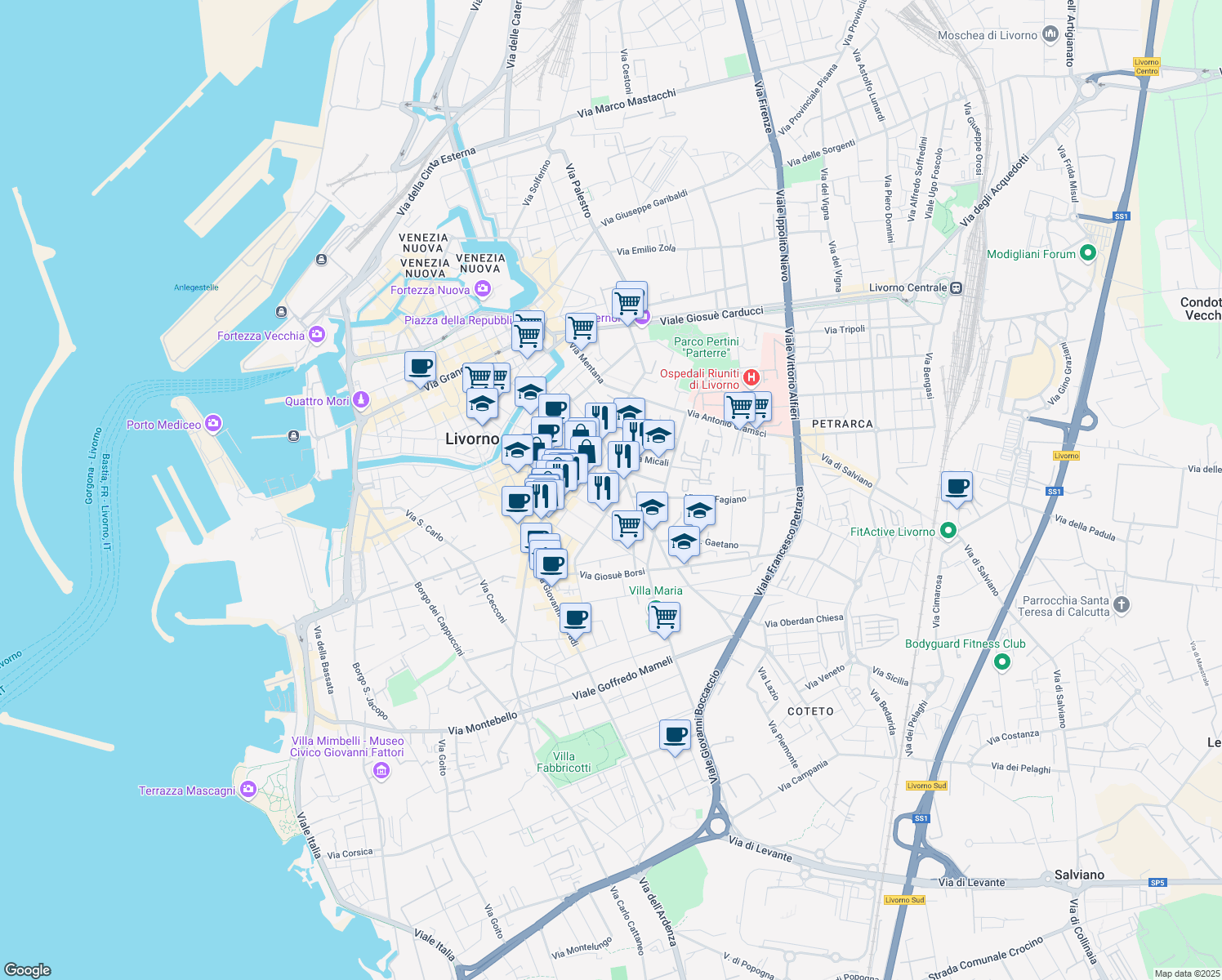 map of restaurants, bars, coffee shops, grocery stores, and more near 5 Via Giuseppe Giusti in Livorno