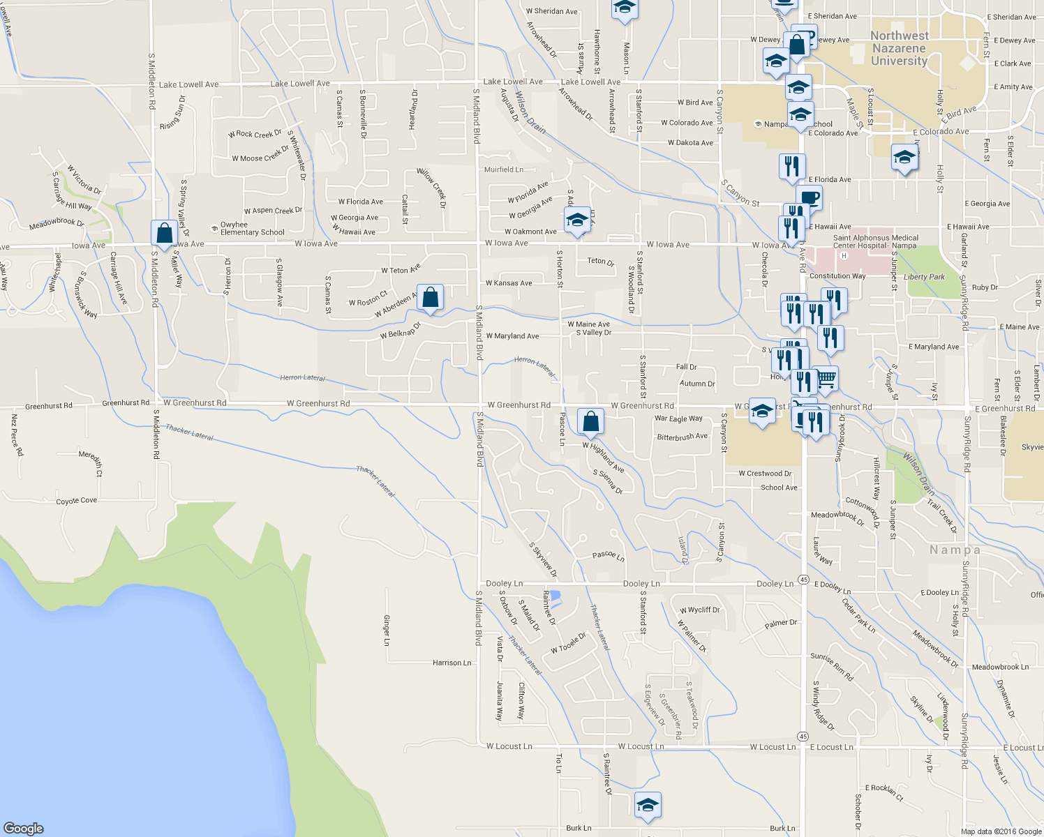map of restaurants, bars, coffee shops, grocery stores, and more near 847 West San Francisco Place in Nampa