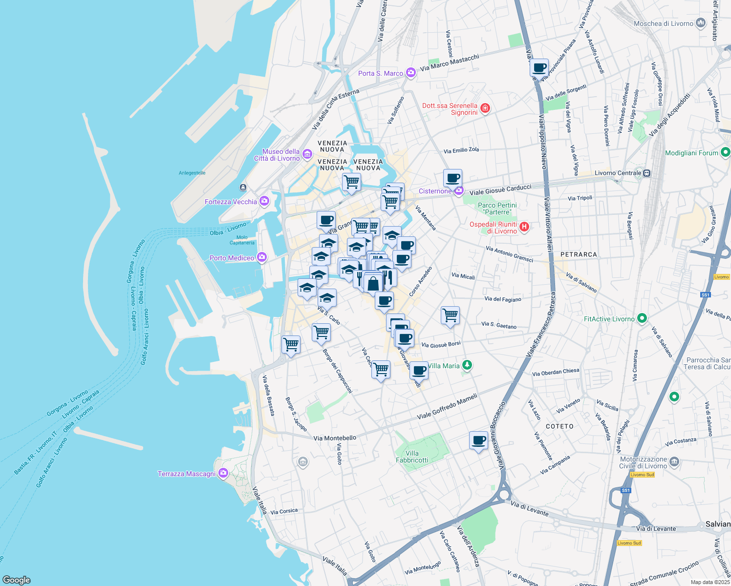 map of restaurants, bars, coffee shops, grocery stores, and more near 12 Via Sardi in Livorno
