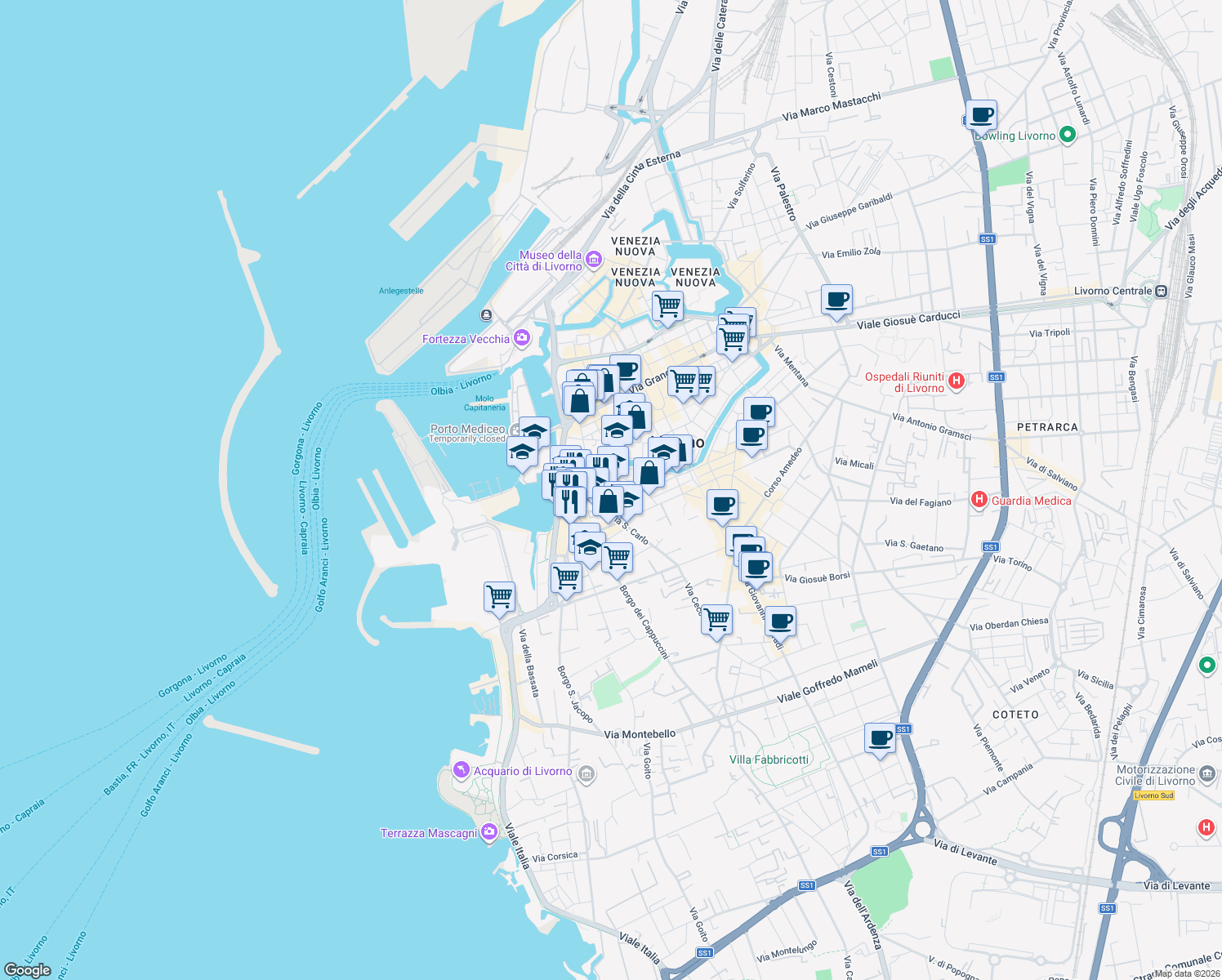 map of restaurants, bars, coffee shops, grocery stores, and more near 19 Via Don Giov Batt Quilici in Livorno