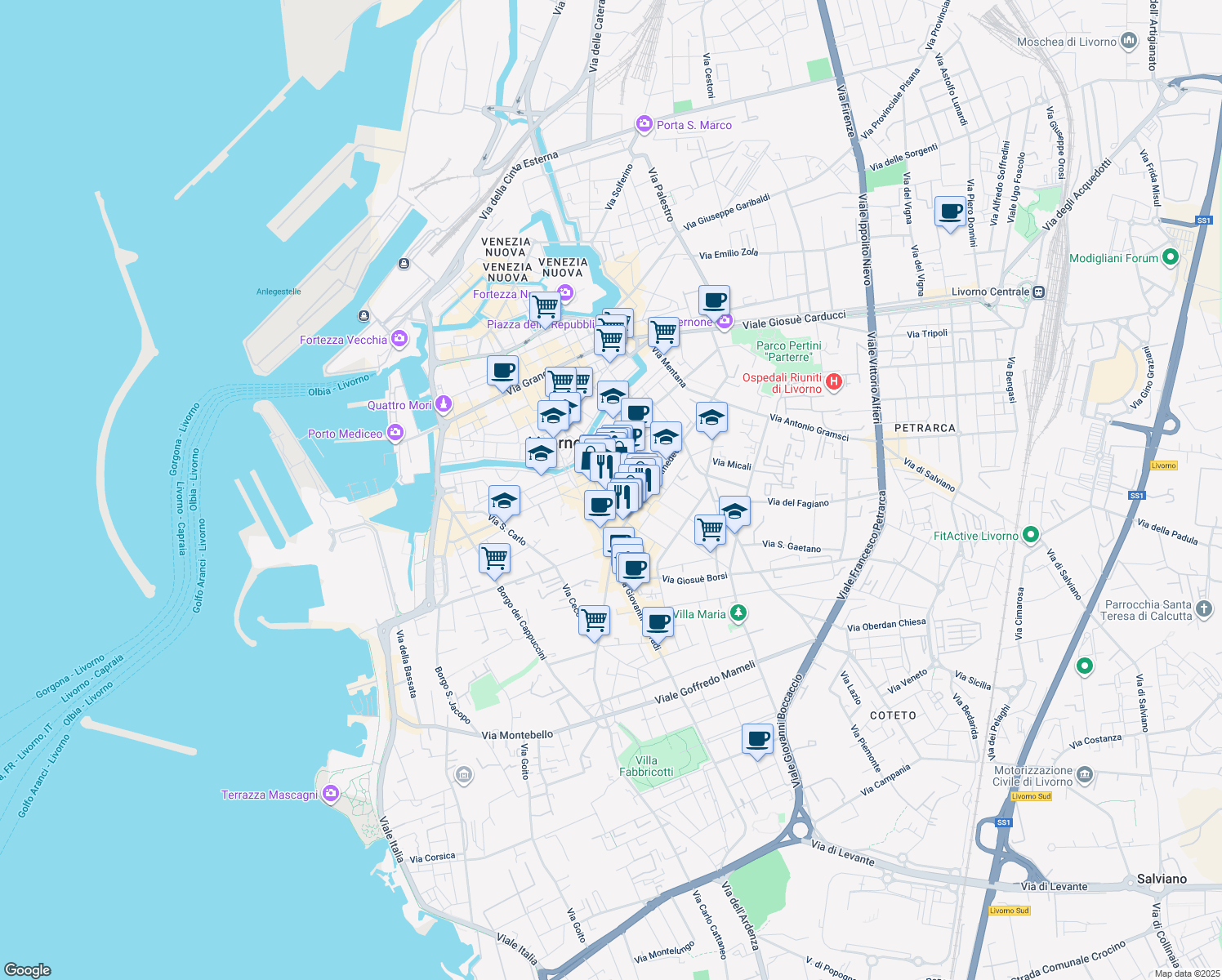 map of restaurants, bars, coffee shops, grocery stores, and more near 74 Via Magenta in Livorno
