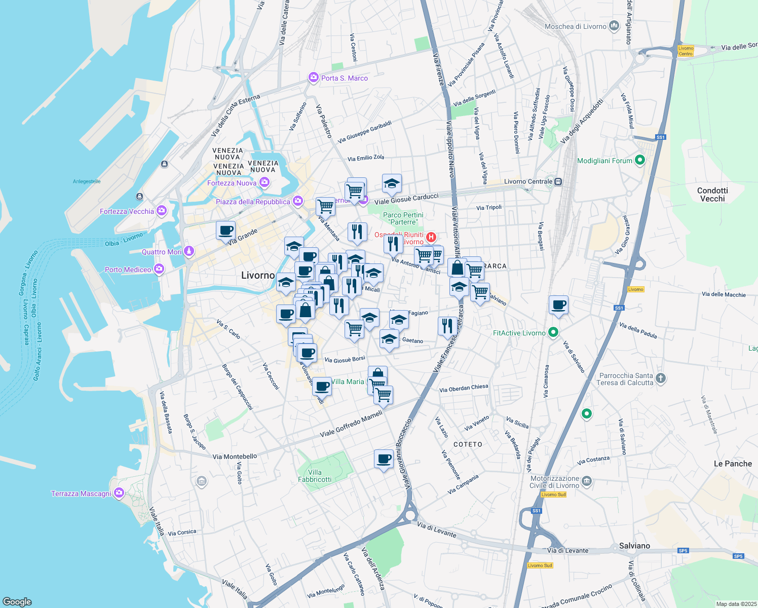 map of restaurants, bars, coffee shops, grocery stores, and more near 31 Via del Fagiano in Livorno