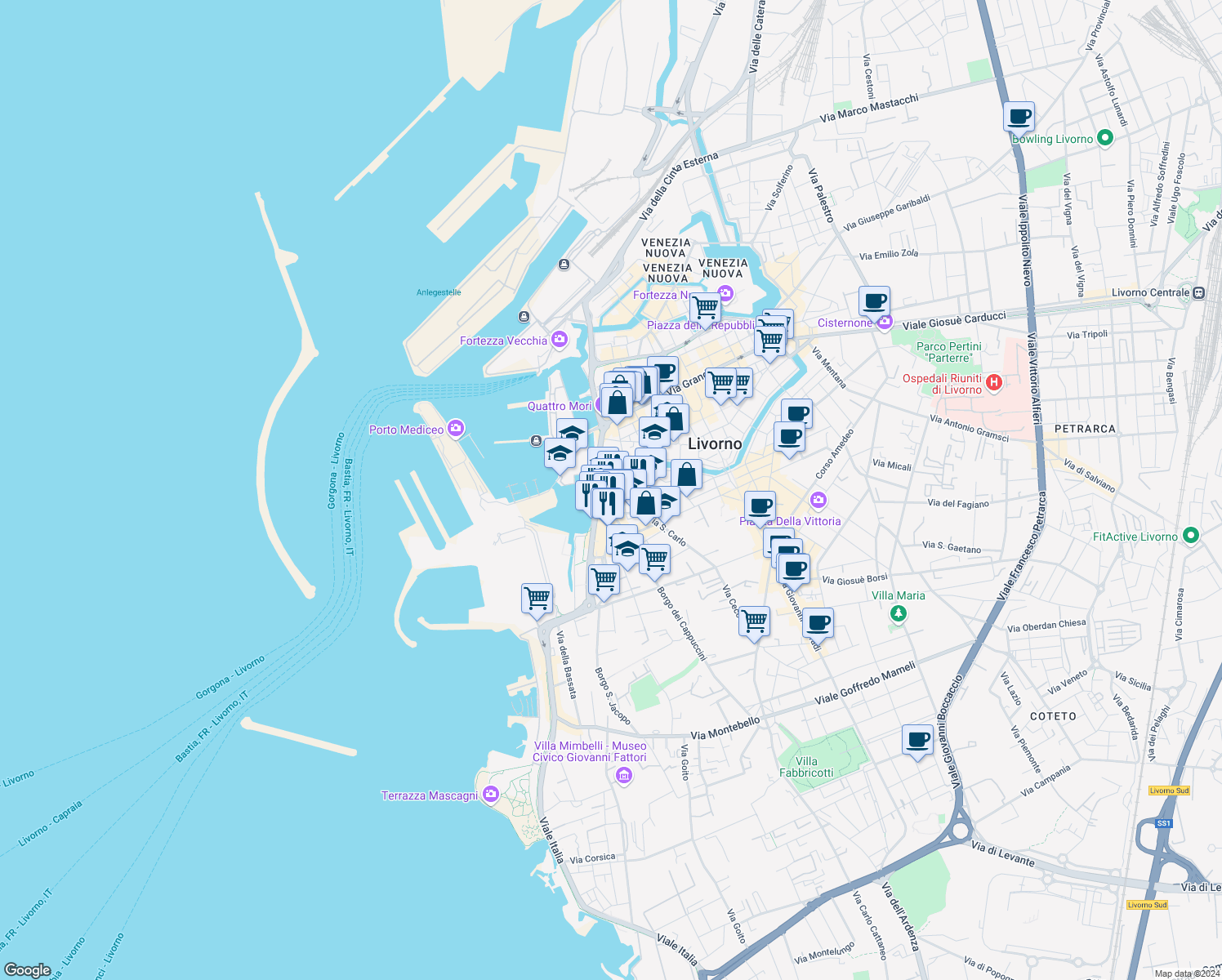 map of restaurants, bars, coffee shops, grocery stores, and more near 18 Piazza la Giovine Italia in Livorno