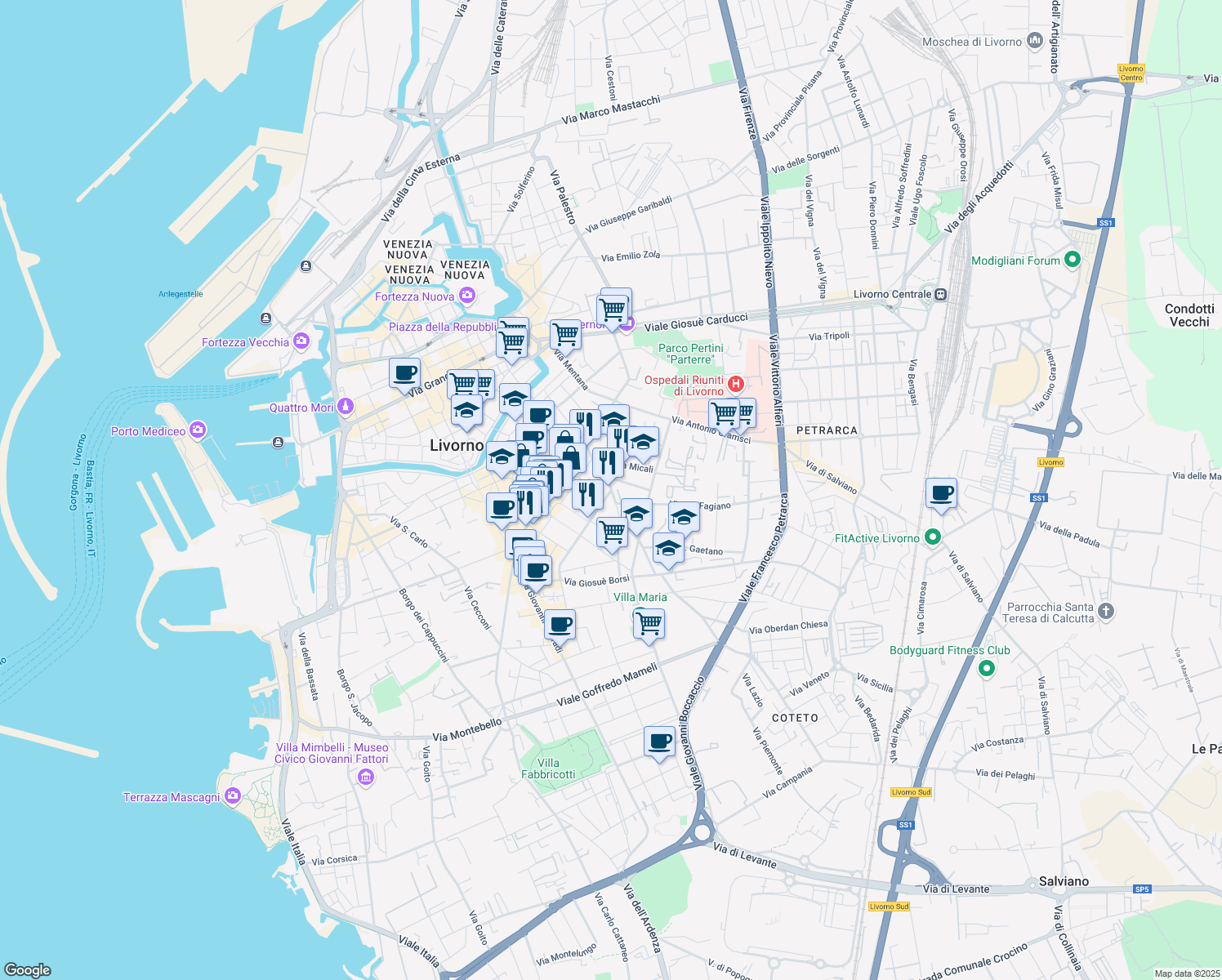 map of restaurants, bars, coffee shops, grocery stores, and more near 5 Via Giuseppe Giusti in Livorno