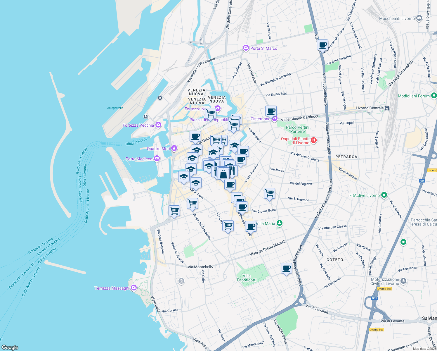 map of restaurants, bars, coffee shops, grocery stores, and more near 12 Via Sardi in Livorno