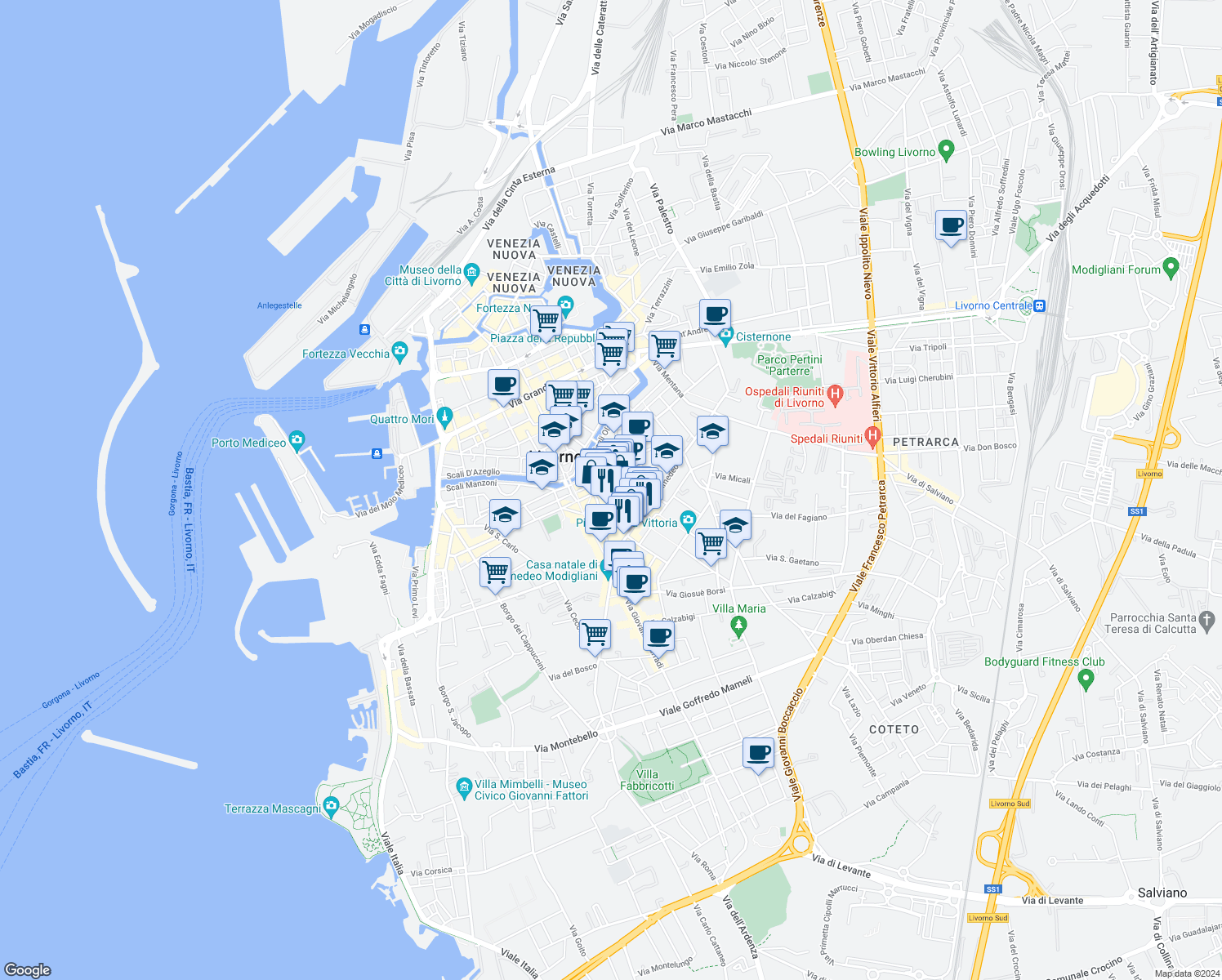 map of restaurants, bars, coffee shops, grocery stores, and more near 74 Via Magenta in Livorno