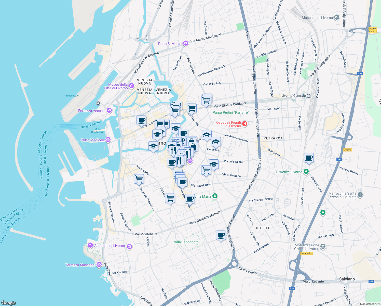 map of restaurants, bars, coffee shops, grocery stores, and more near 78 Via Magenta in Livorno