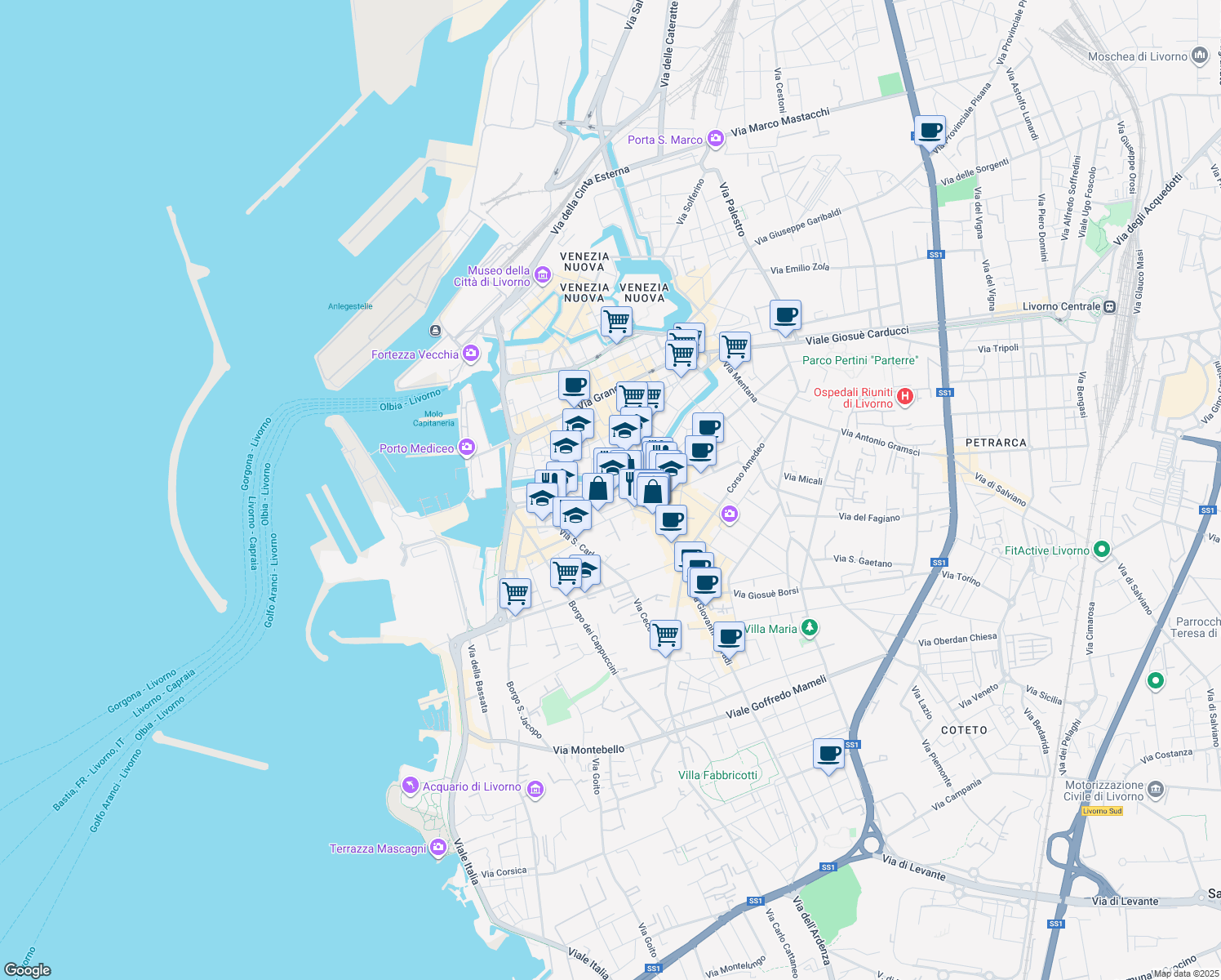map of restaurants, bars, coffee shops, grocery stores, and more near 38 Via Michon in Livorno