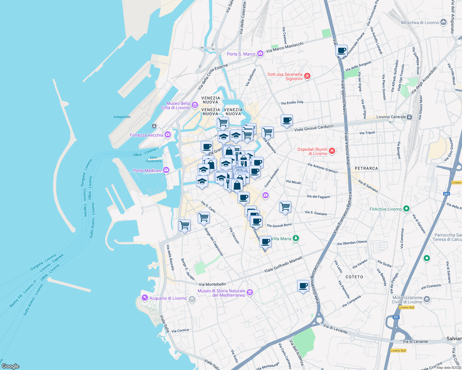 map of restaurants, bars, coffee shops, grocery stores, and more near in Livorno