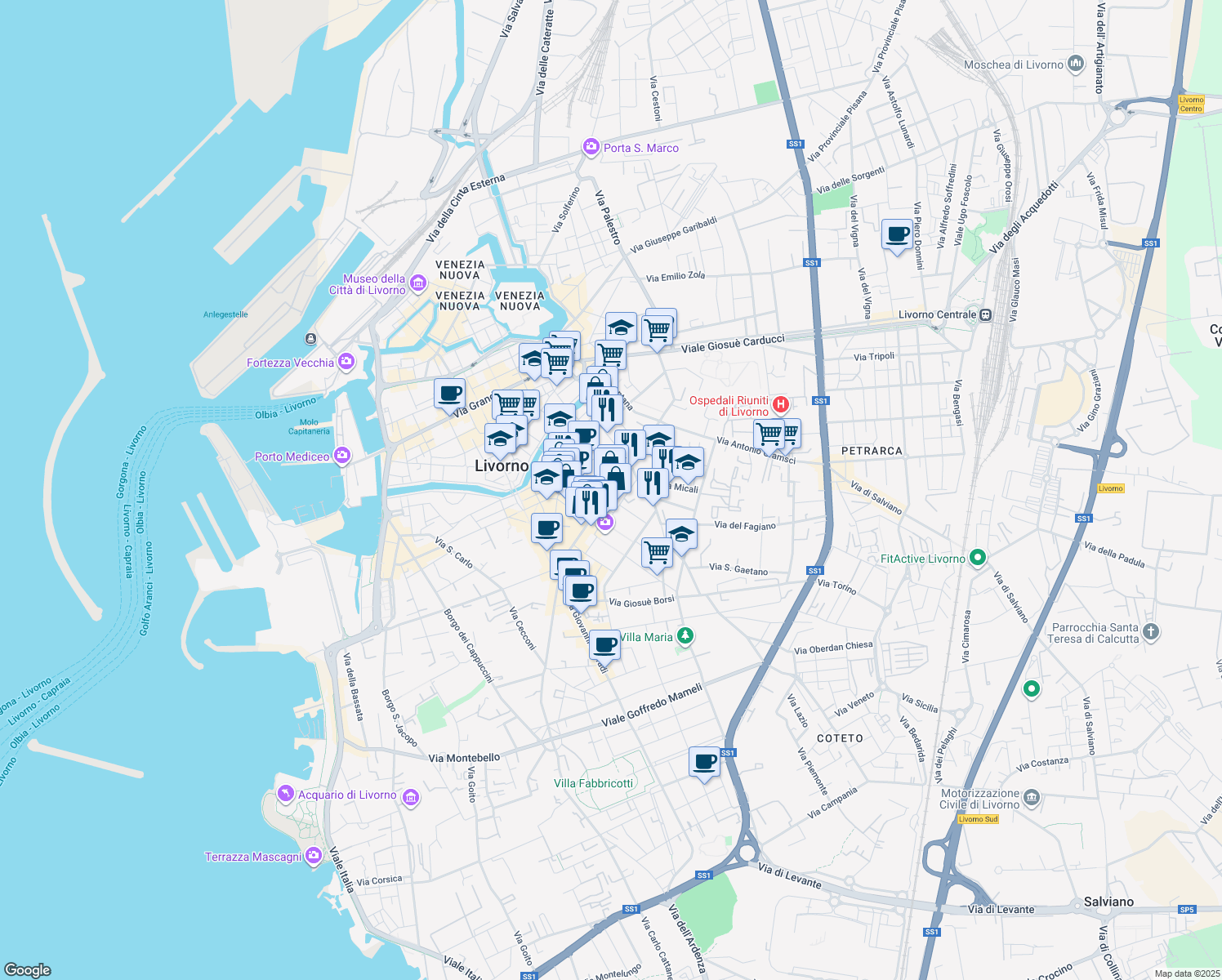 map of restaurants, bars, coffee shops, grocery stores, and more near 183 Corso Amedeo in Livorno