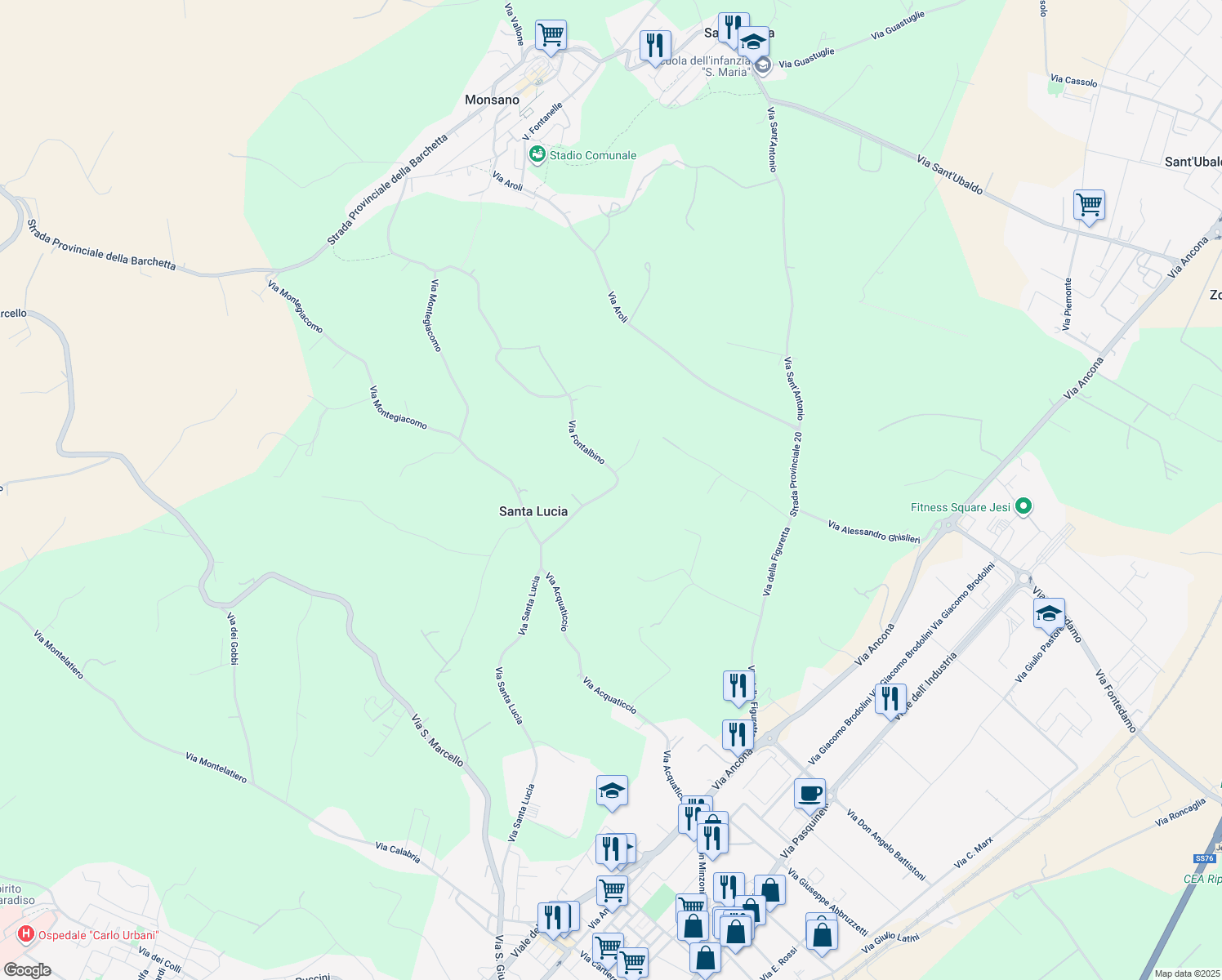 map of restaurants, bars, coffee shops, grocery stores, and more near 11 Via Fontalbino in Provincia di Ancona