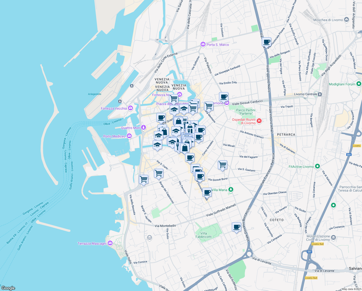 map of restaurants, bars, coffee shops, grocery stores, and more near in Livorno