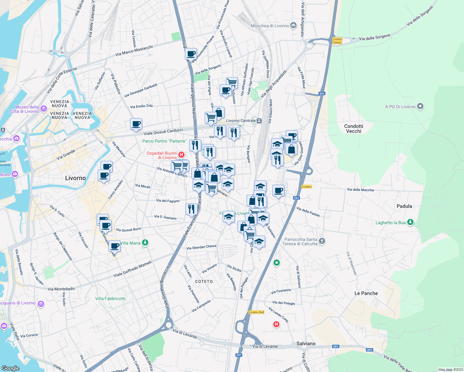 map of restaurants, bars, coffee shops, grocery stores, and more near 81 Viale del Risorgimento in Livorno