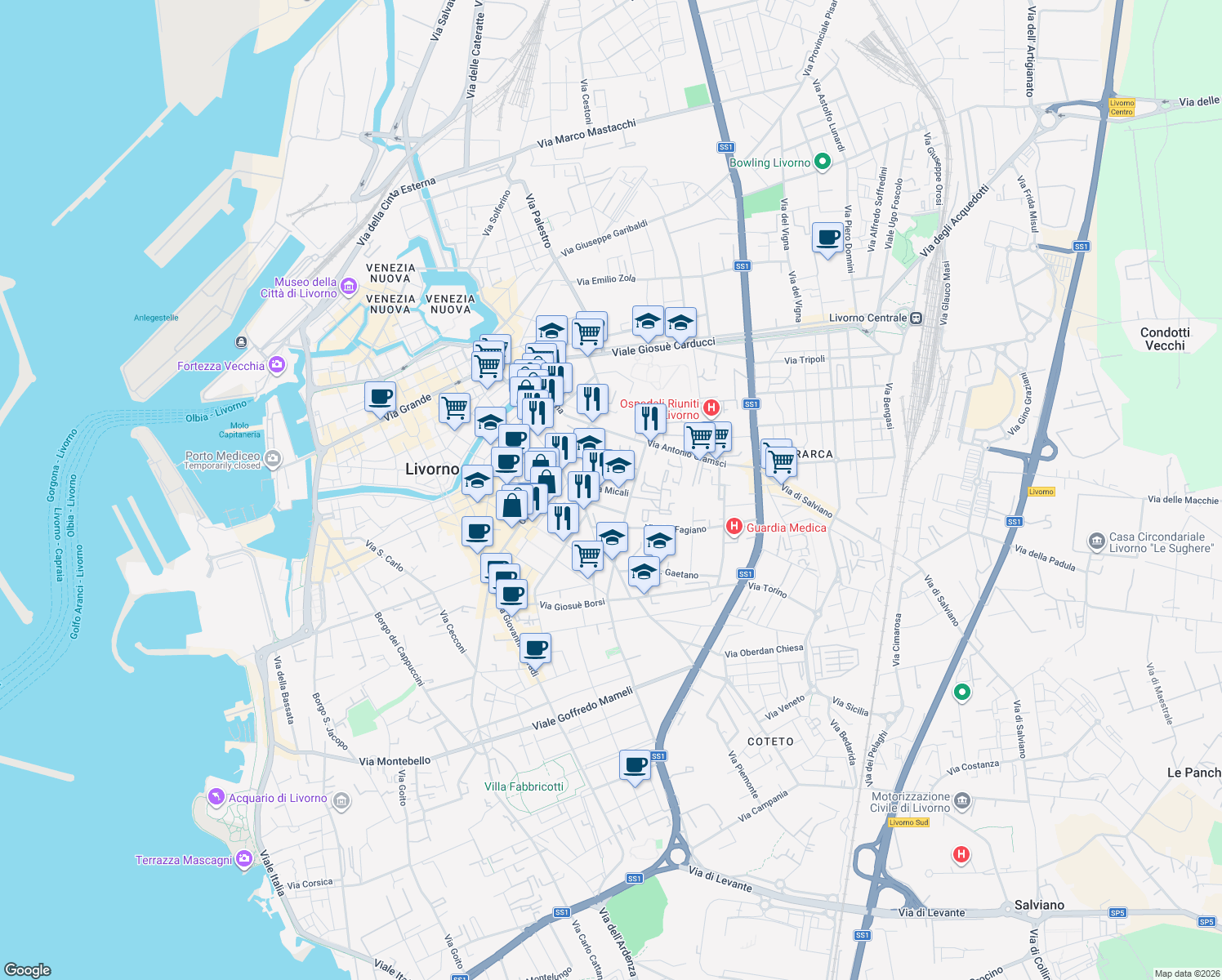 map of restaurants, bars, coffee shops, grocery stores, and more near 13 Via Micali in Livorno