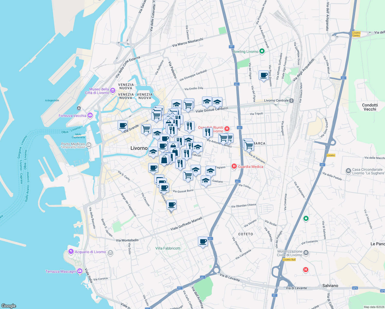 map of restaurants, bars, coffee shops, grocery stores, and more near 13 Via Micali in Livorno
