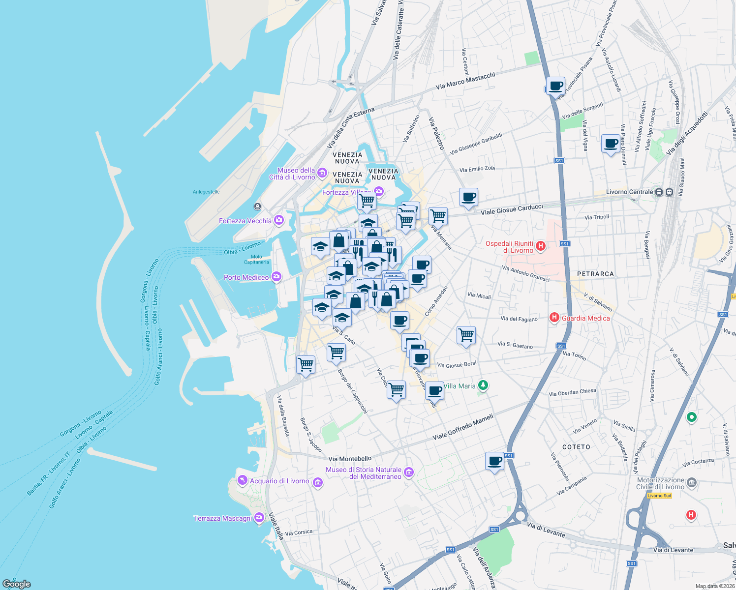 map of restaurants, bars, coffee shops, grocery stores, and more near 5 Via dei Lanzi in Livorno