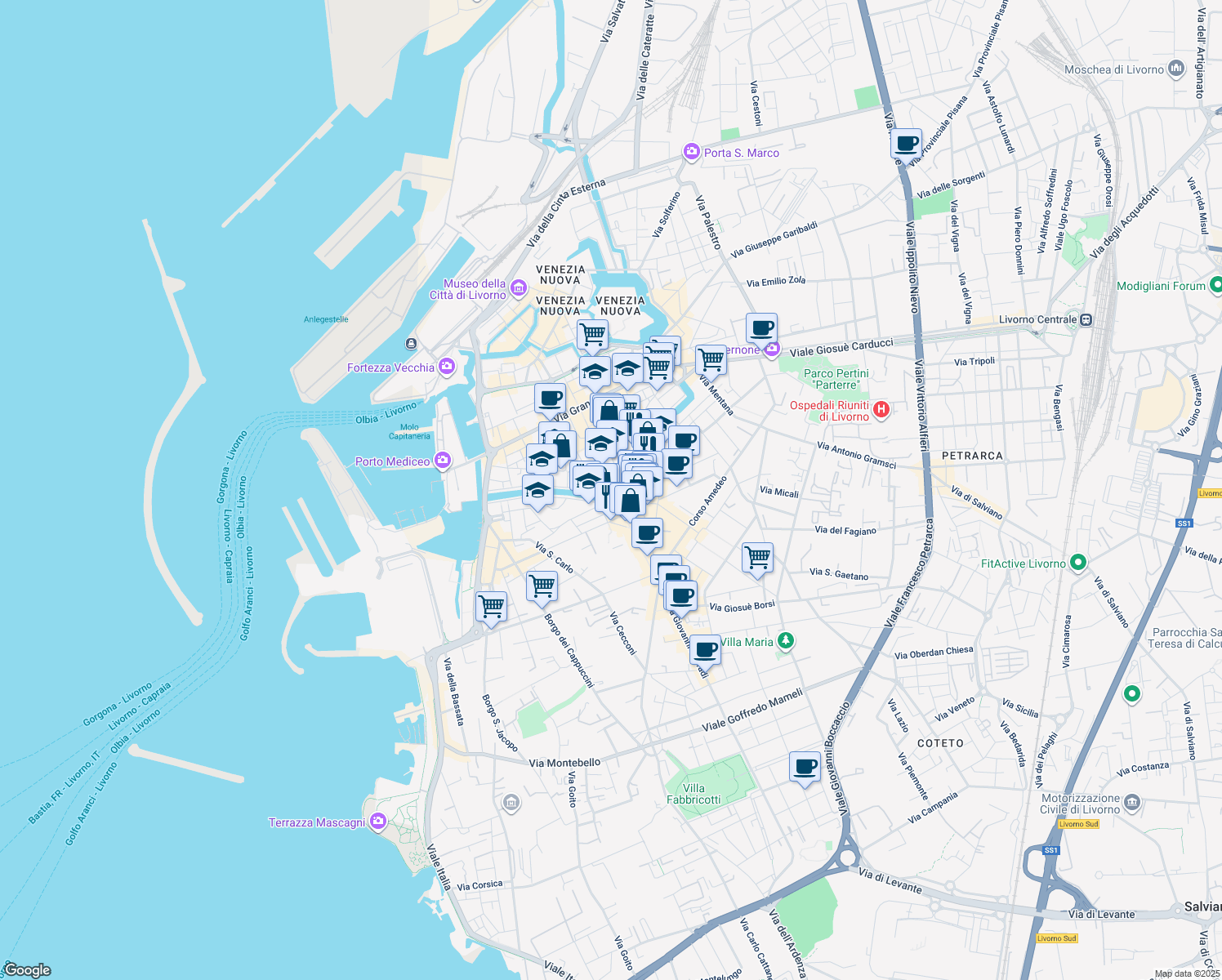 map of restaurants, bars, coffee shops, grocery stores, and more near in Livorno