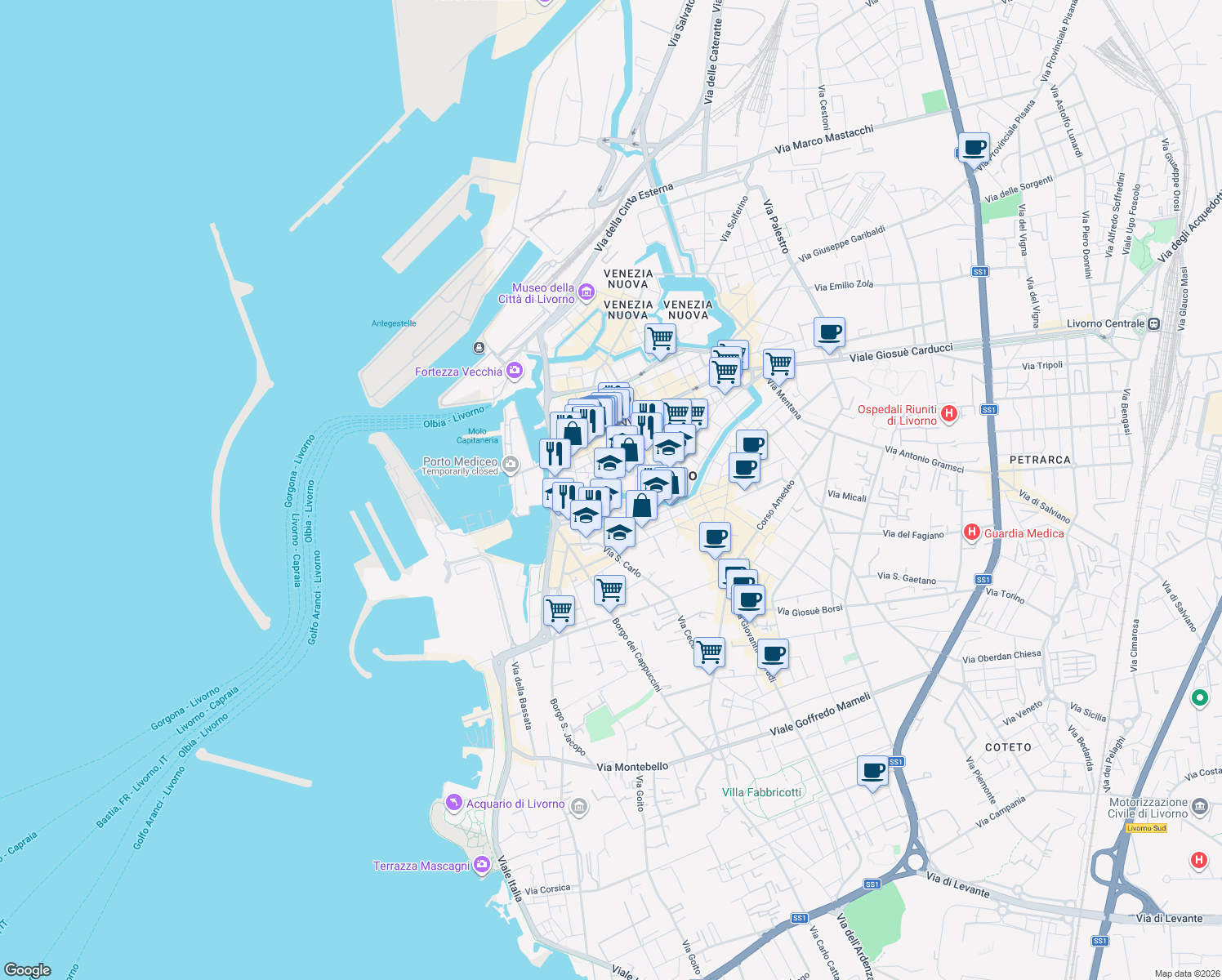 map of restaurants, bars, coffee shops, grocery stores, and more near 5 Via Giuseppe Chiarini in Livorno