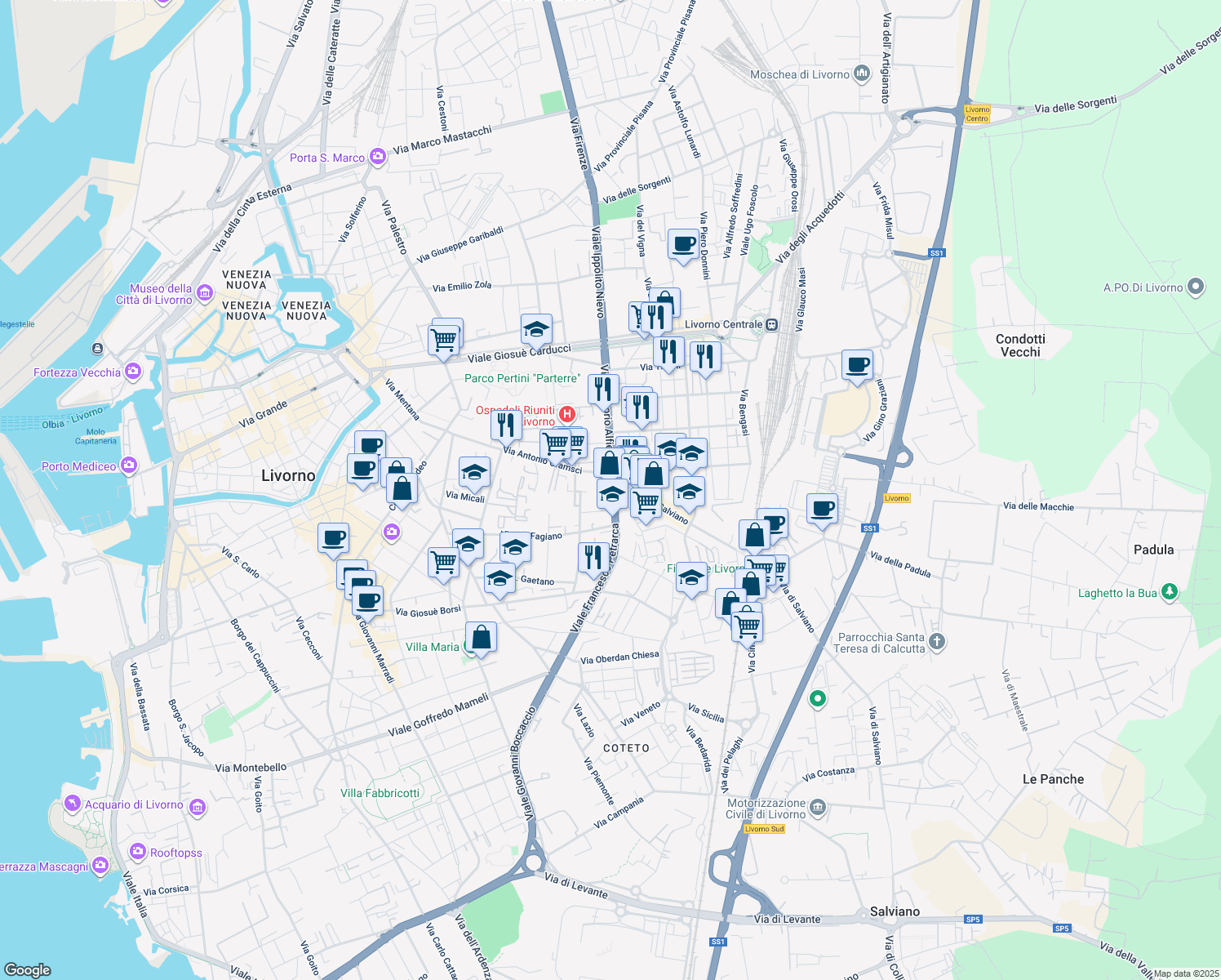 map of restaurants, bars, coffee shops, grocery stores, and more near 44 Viale Francesco Petrarca in Livorno