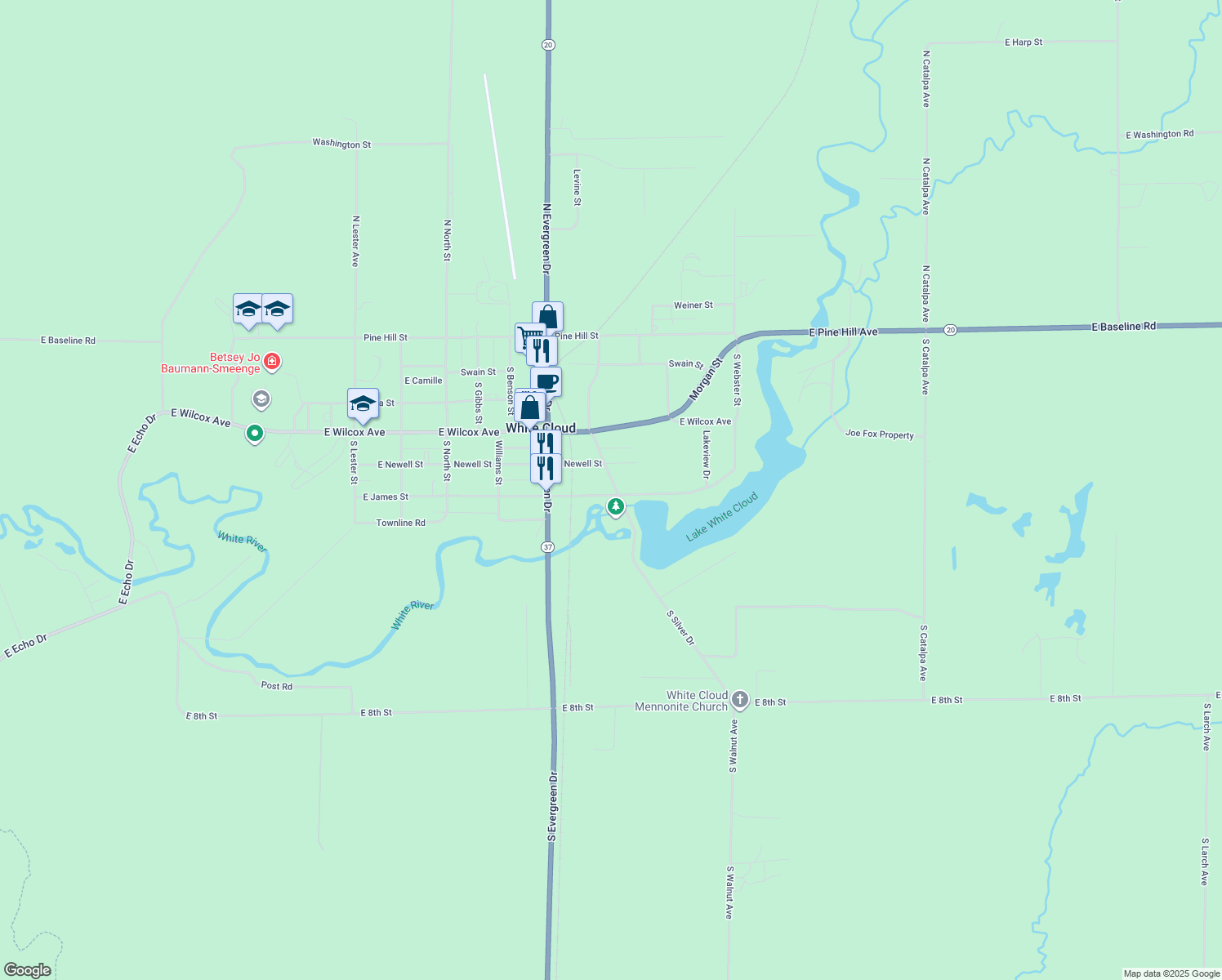 map of restaurants, bars, coffee shops, grocery stores, and more near 305 South State Street in White Cloud
