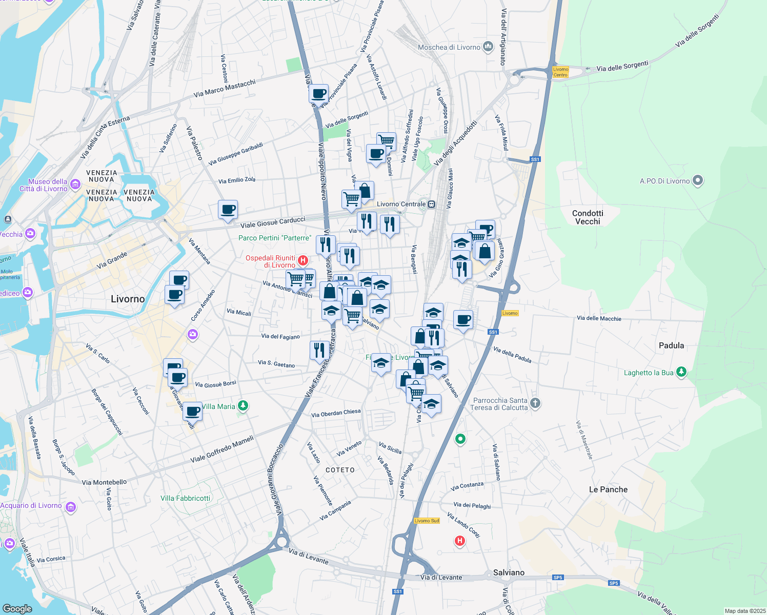 map of restaurants, bars, coffee shops, grocery stores, and more near 81 Viale del Risorgimento in Livorno