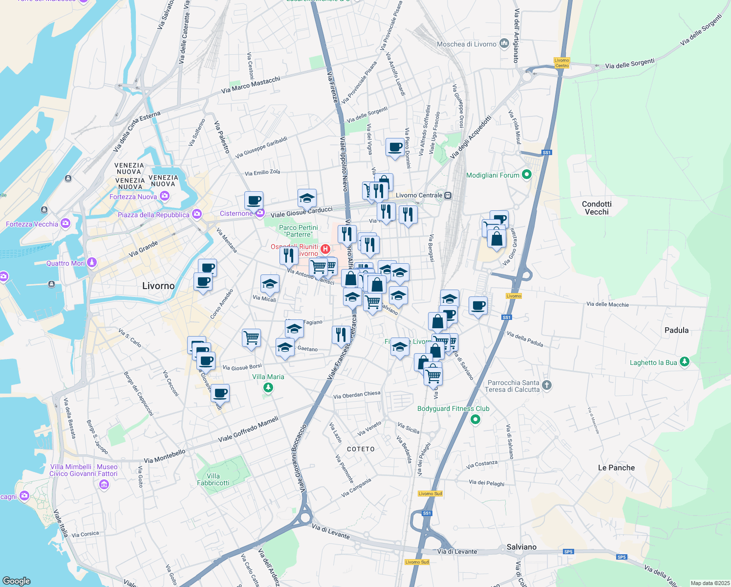 map of restaurants, bars, coffee shops, grocery stores, and more near 28 Piazza Damiano Chiesa in Livorno
