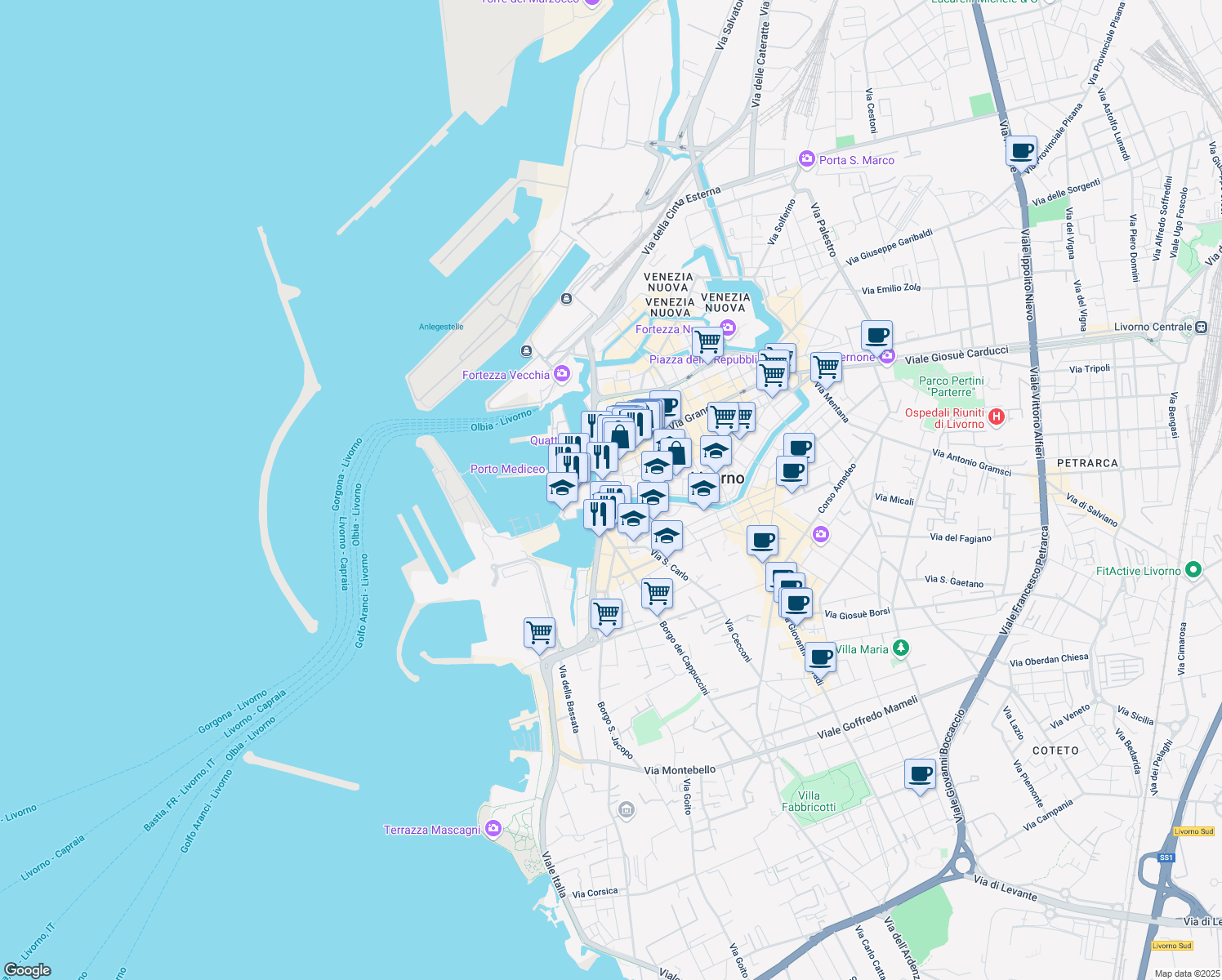 map of restaurants, bars, coffee shops, grocery stores, and more near 6 Via del Bastione in Livorno