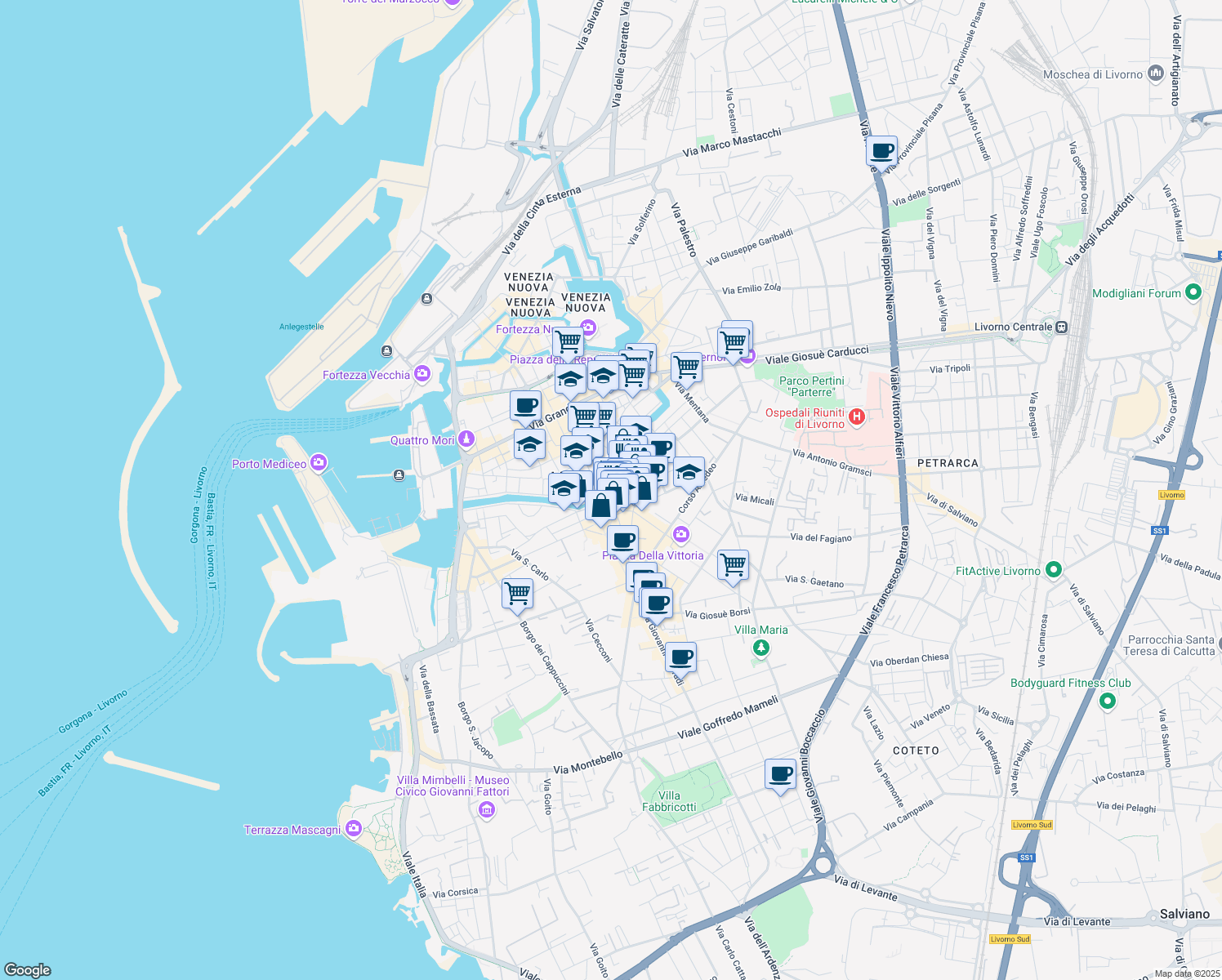 map of restaurants, bars, coffee shops, grocery stores, and more near 14 Scali degli Olandesi in Livorno