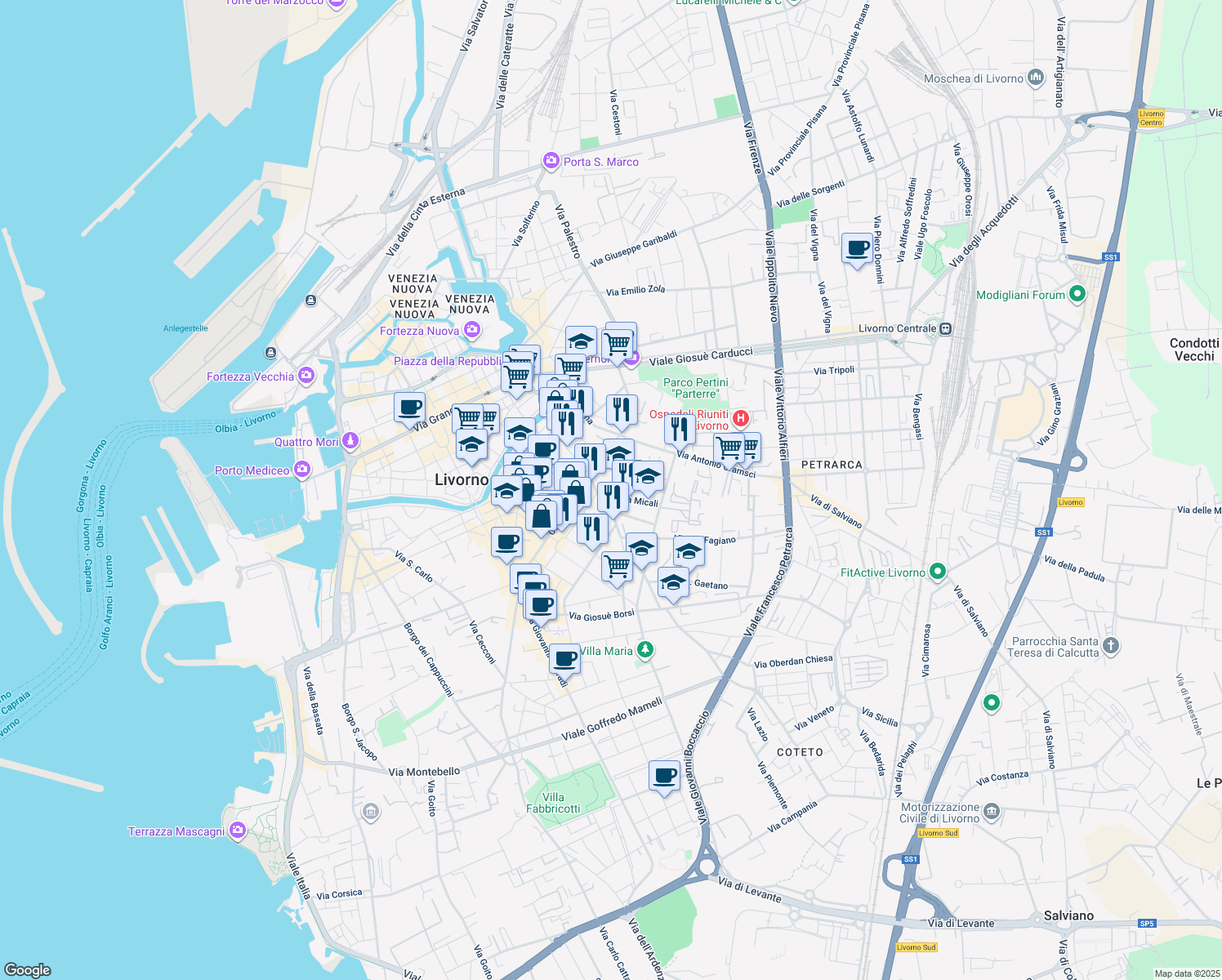 map of restaurants, bars, coffee shops, grocery stores, and more near 52 Via C. Battisti in Livorno