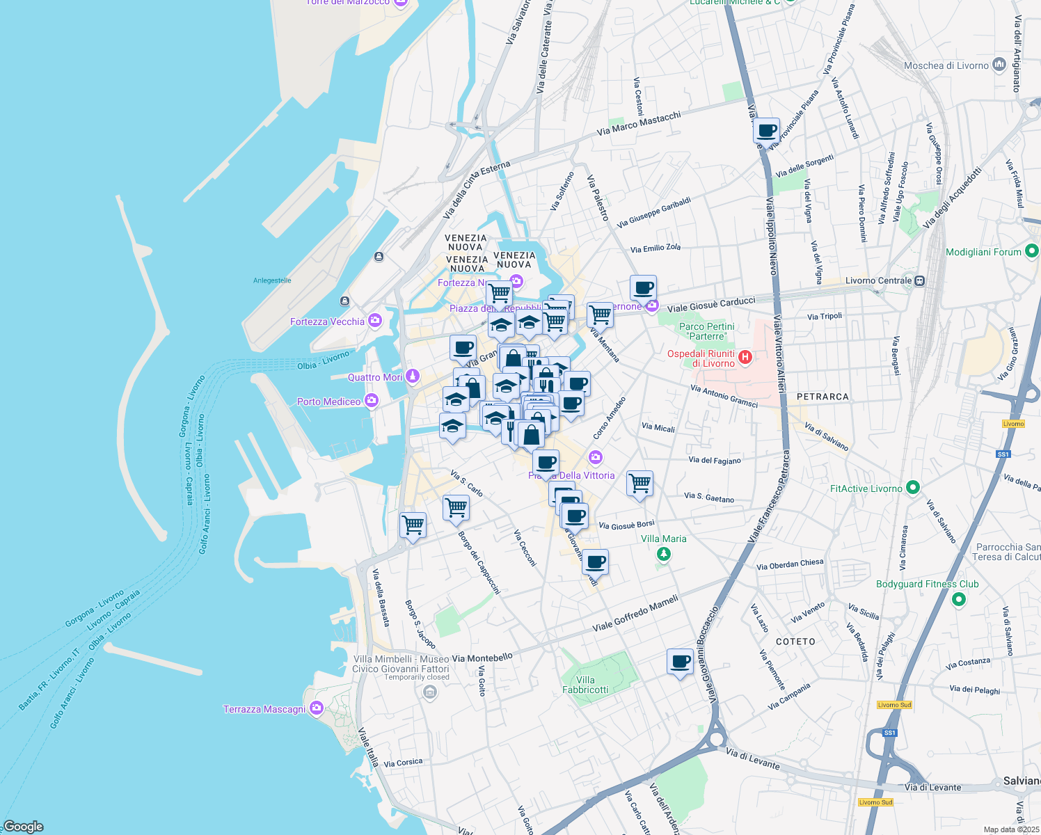 map of restaurants, bars, coffee shops, grocery stores, and more near in Livorno