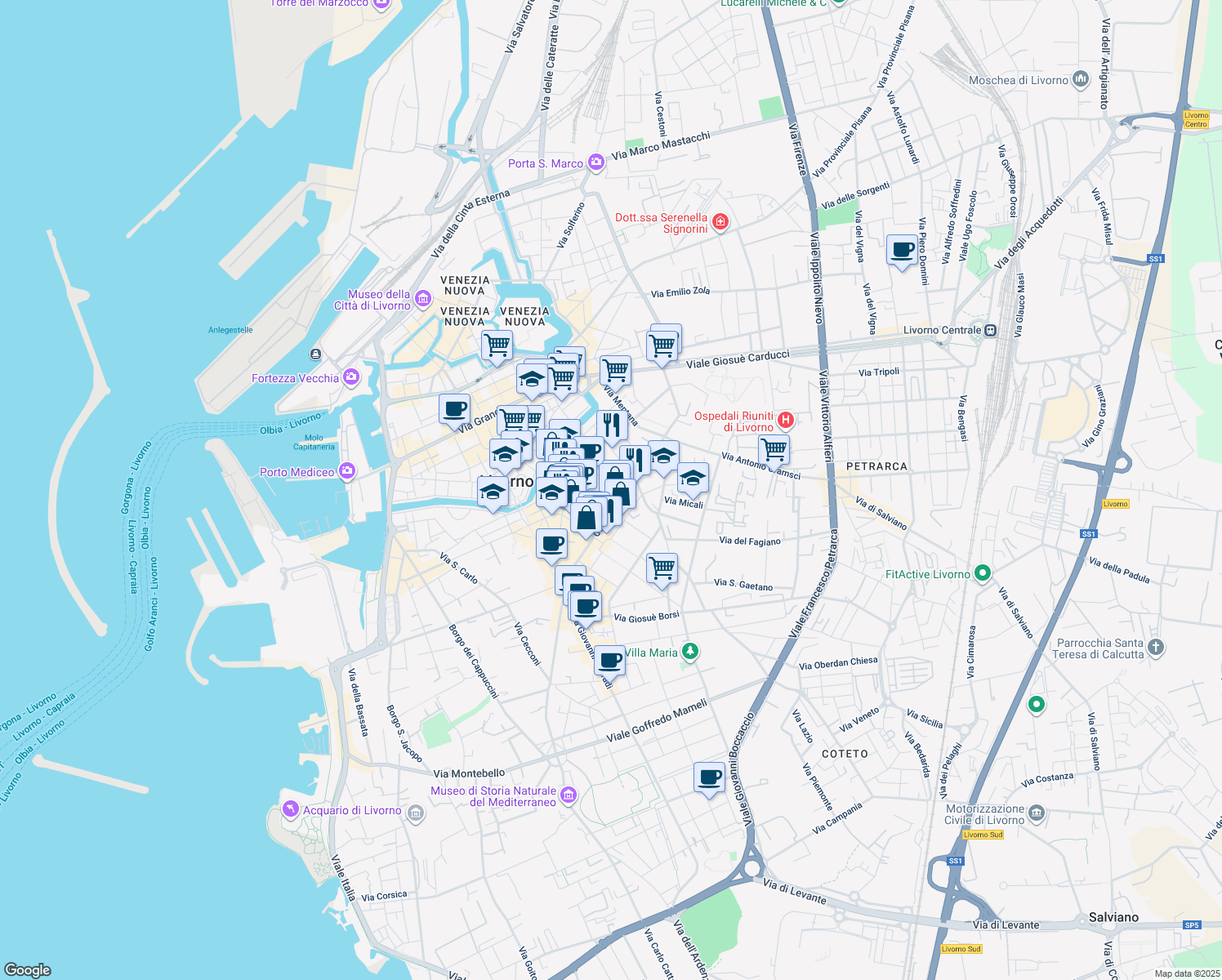 map of restaurants, bars, coffee shops, grocery stores, and more near 62 Via Ernesto Rossi in Livorno