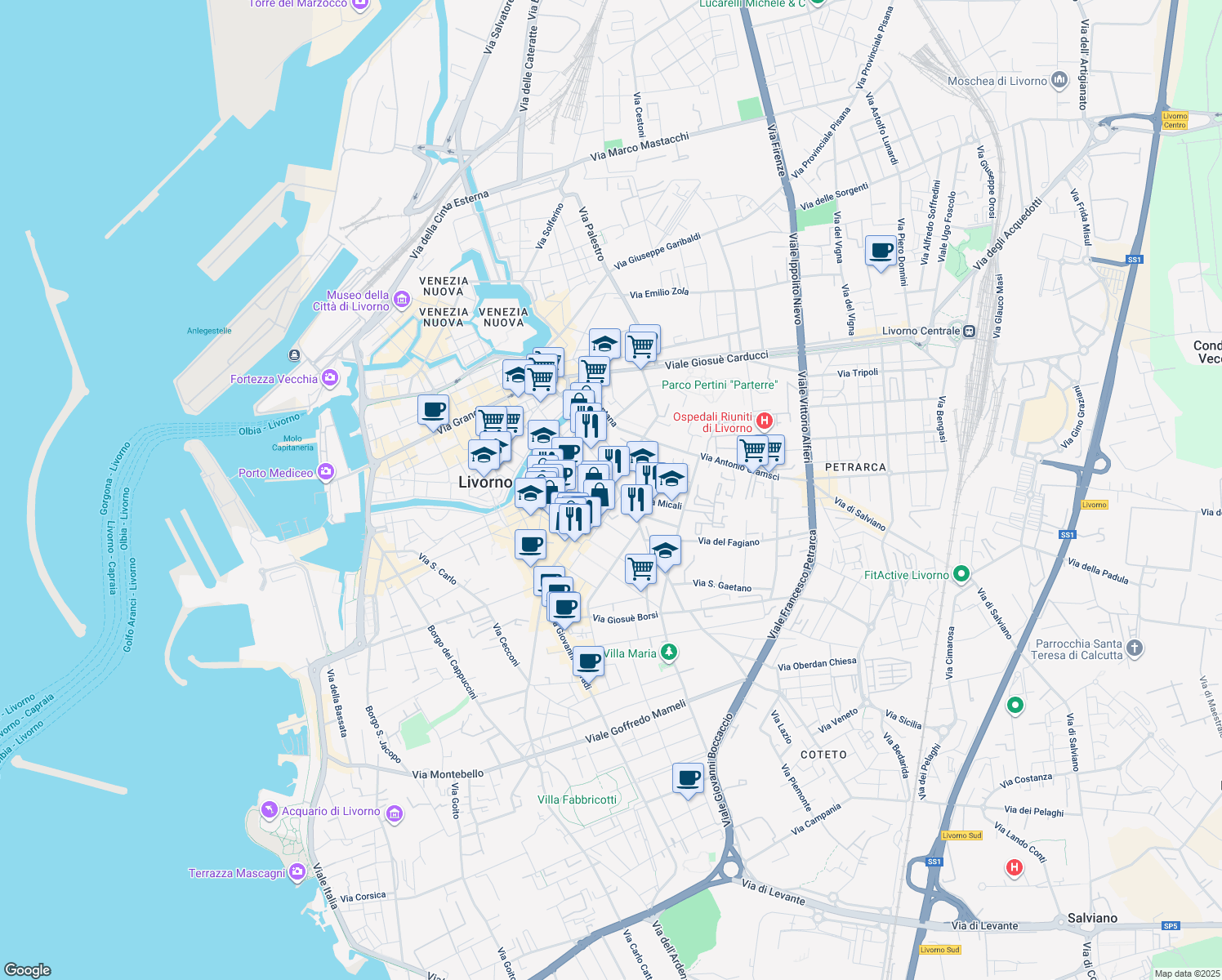 map of restaurants, bars, coffee shops, grocery stores, and more near 183-185 Corso Amedeo in Livorno