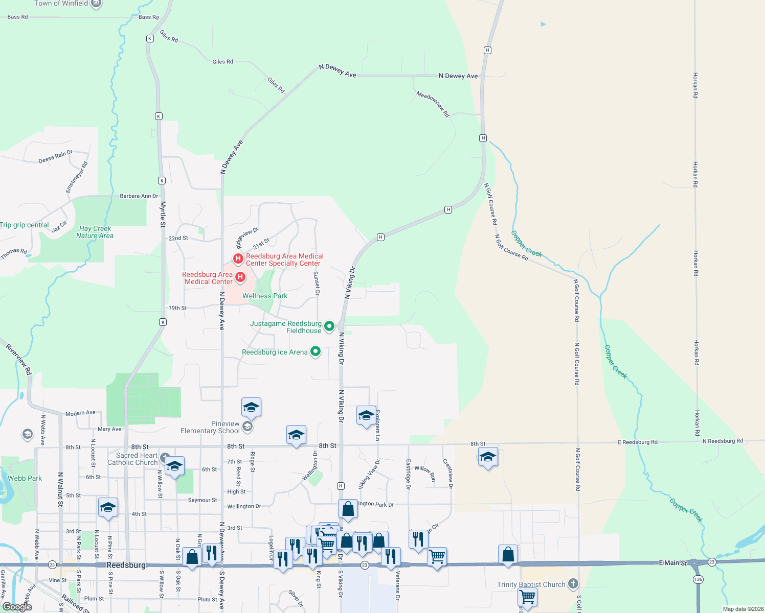 map of restaurants, bars, coffee shops, grocery stores, and more near 1830 20th Street in Reedsburg