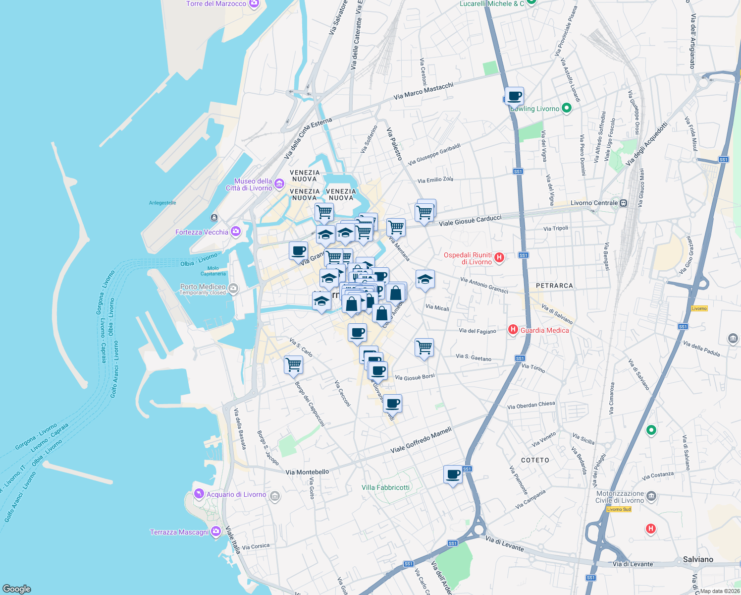map of restaurants, bars, coffee shops, grocery stores, and more near in Livorno