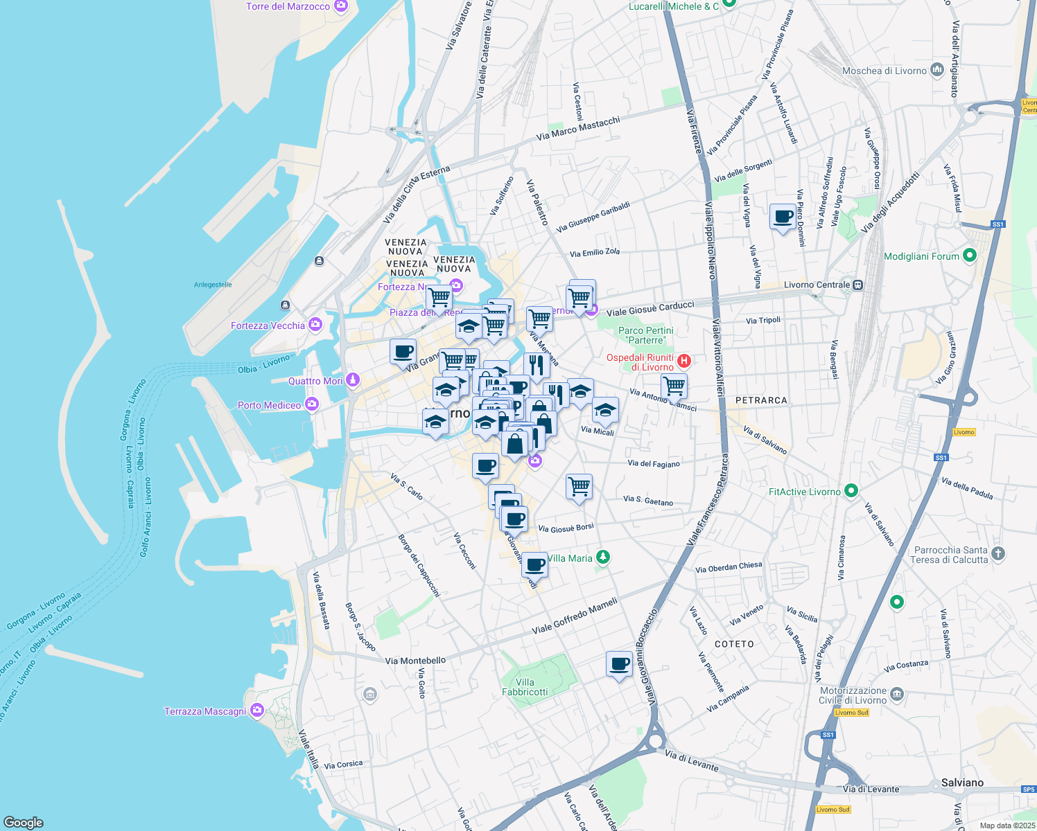 map of restaurants, bars, coffee shops, grocery stores, and more near 62 Via Ernesto Rossi in Livorno
