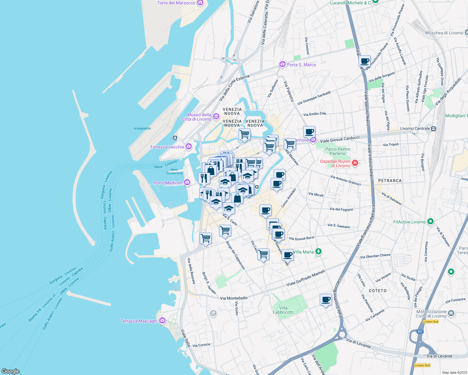 map of restaurants, bars, coffee shops, grocery stores, and more near 5 Via Giuseppe Chiarini in Livorno