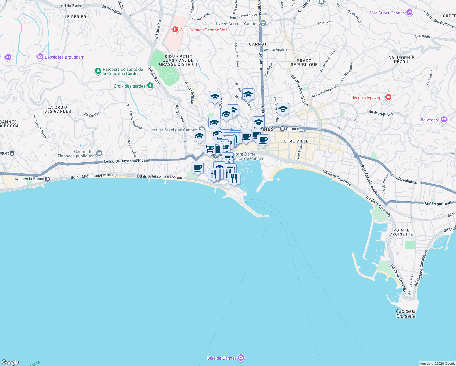 map of restaurants, bars, coffee shops, grocery stores, and more near 2 Boulevard du Midi Jean Hibert in Cannes