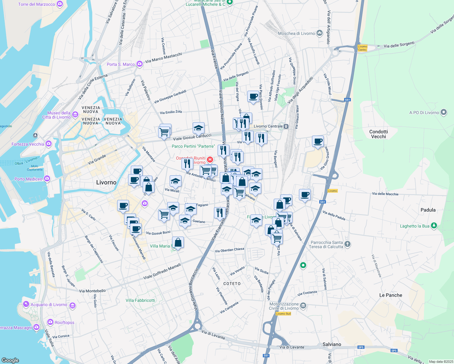 map of restaurants, bars, coffee shops, grocery stores, and more near 44 Viale Francesco Petrarca in Livorno