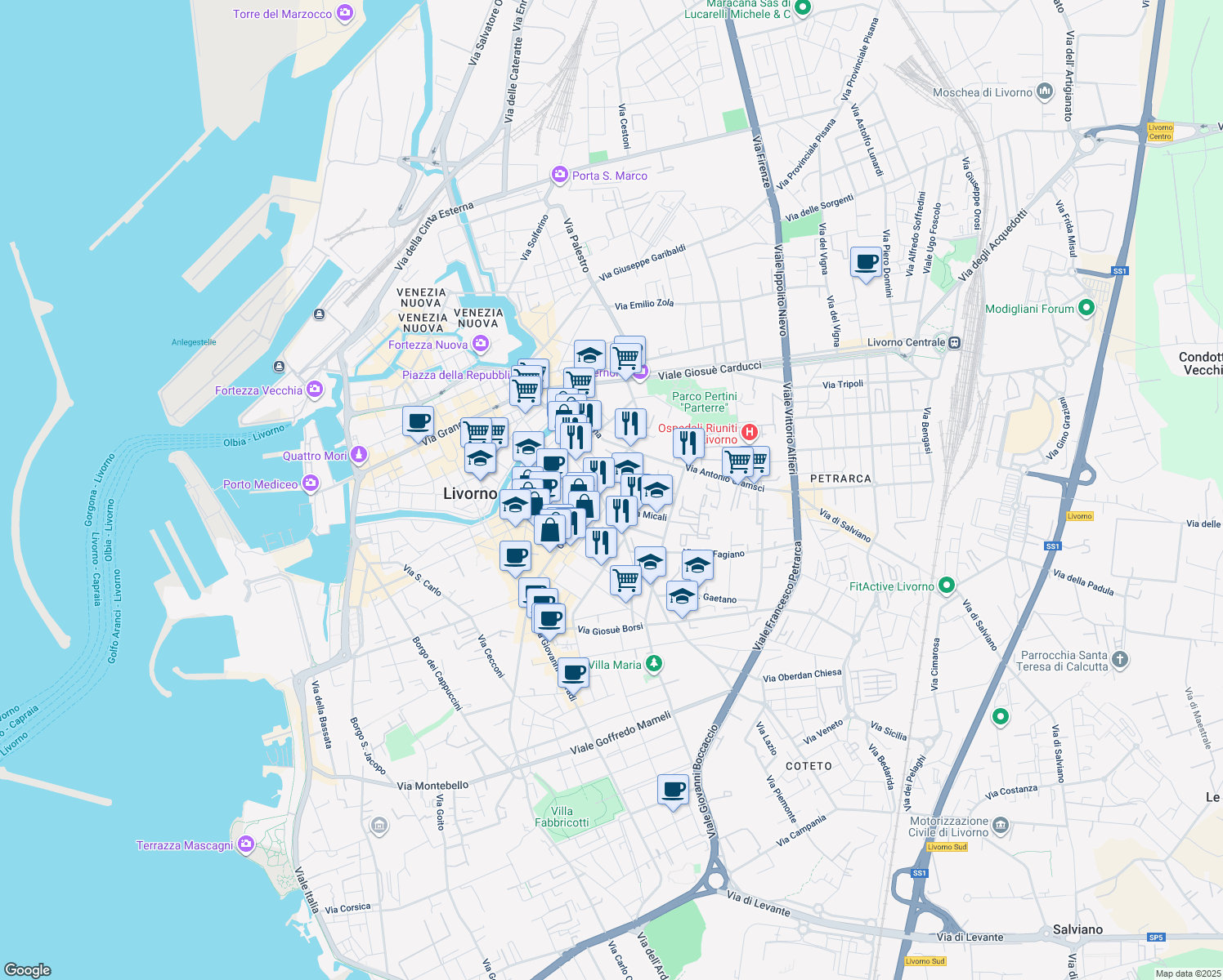 map of restaurants, bars, coffee shops, grocery stores, and more near 52 Via C. Battisti in Livorno