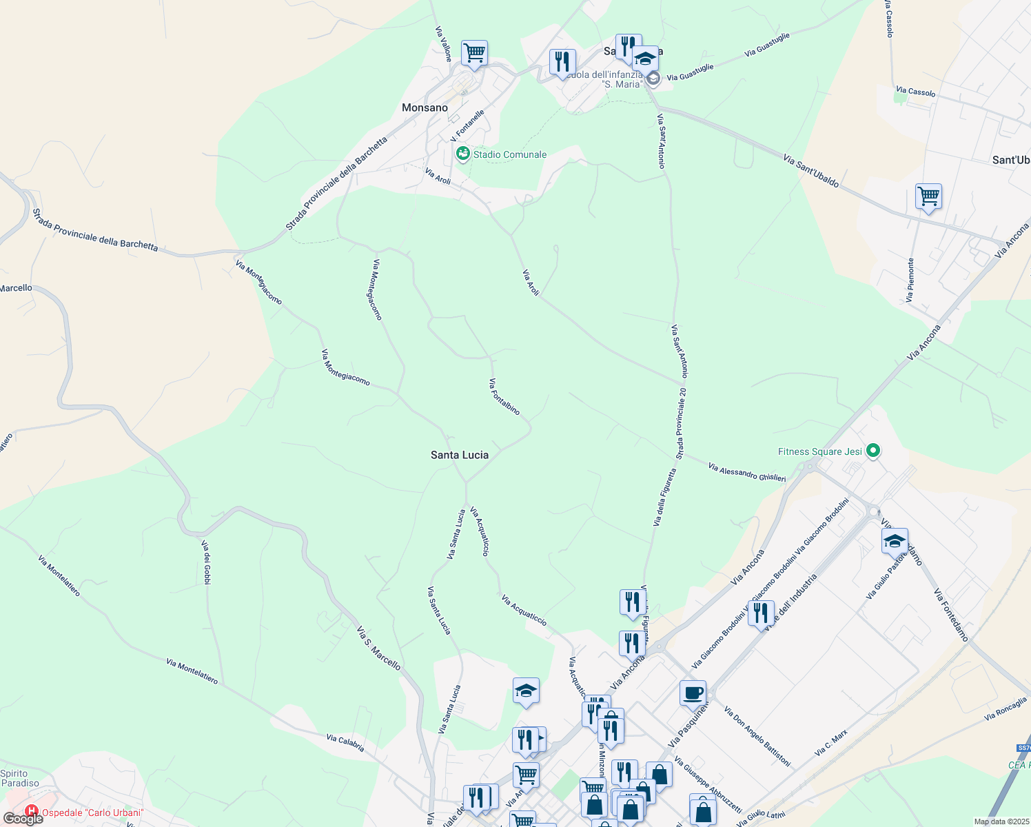 map of restaurants, bars, coffee shops, grocery stores, and more near 11 Via Fontalbino in Provincia di Ancona