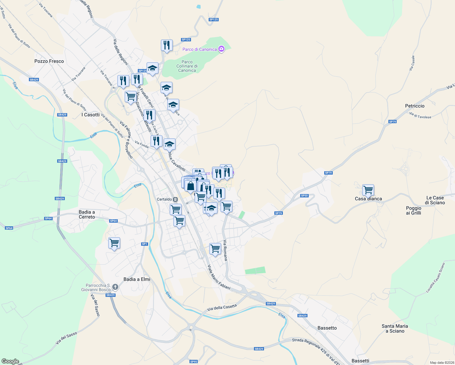 map of restaurants, bars, coffee shops, grocery stores, and more near 25 Via Valdracca in Certaldo
