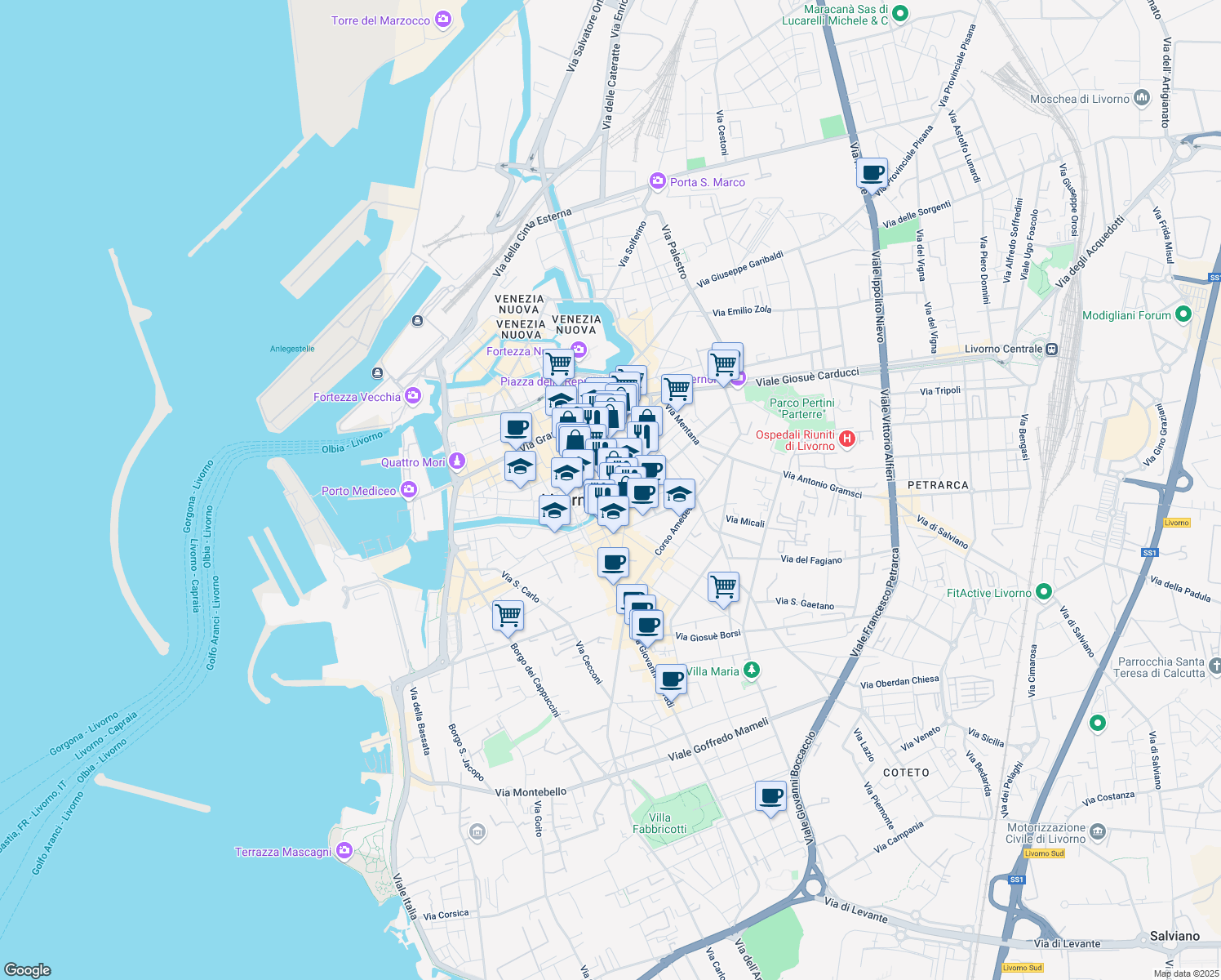map of restaurants, bars, coffee shops, grocery stores, and more near 112 Via Buontalenti in Livorno