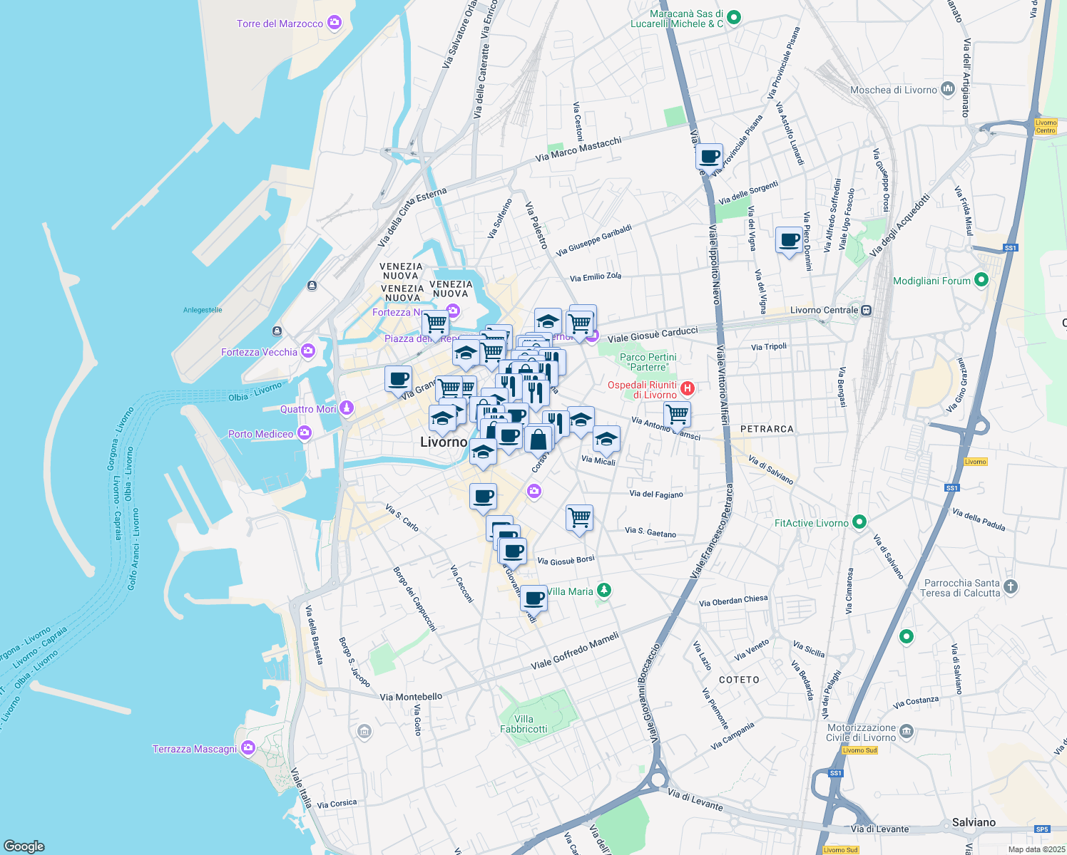 map of restaurants, bars, coffee shops, grocery stores, and more near 10 Via del Platano in Livorno