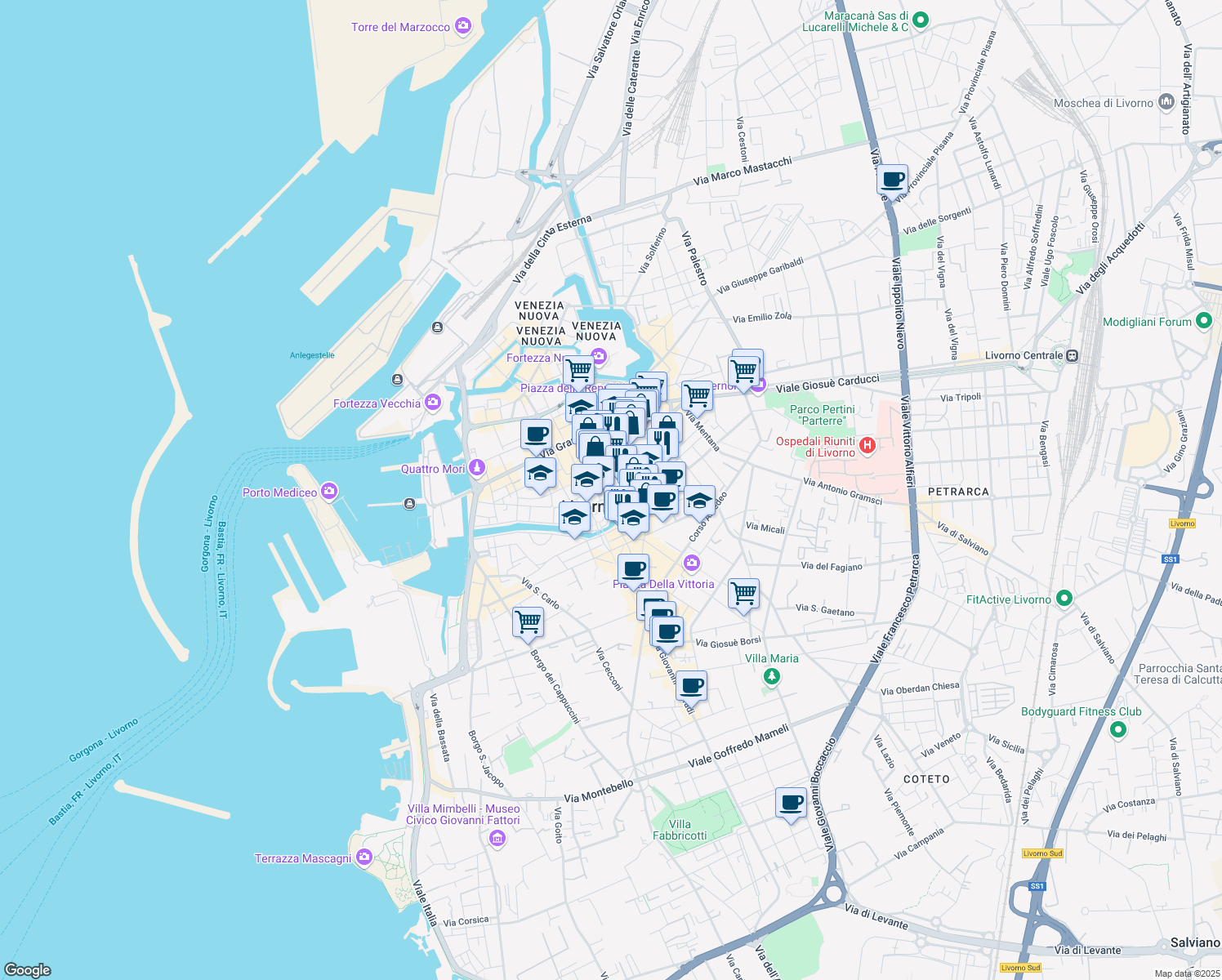 map of restaurants, bars, coffee shops, grocery stores, and more near 112 Via Buontalenti in Livorno