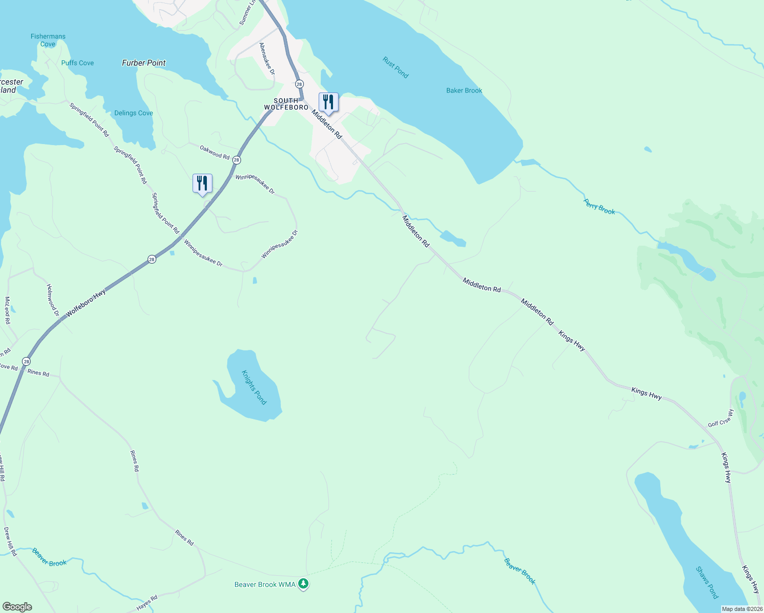 map of restaurants, bars, coffee shops, grocery stores, and more near 21 Alpine Meadows Road in Wolfeboro