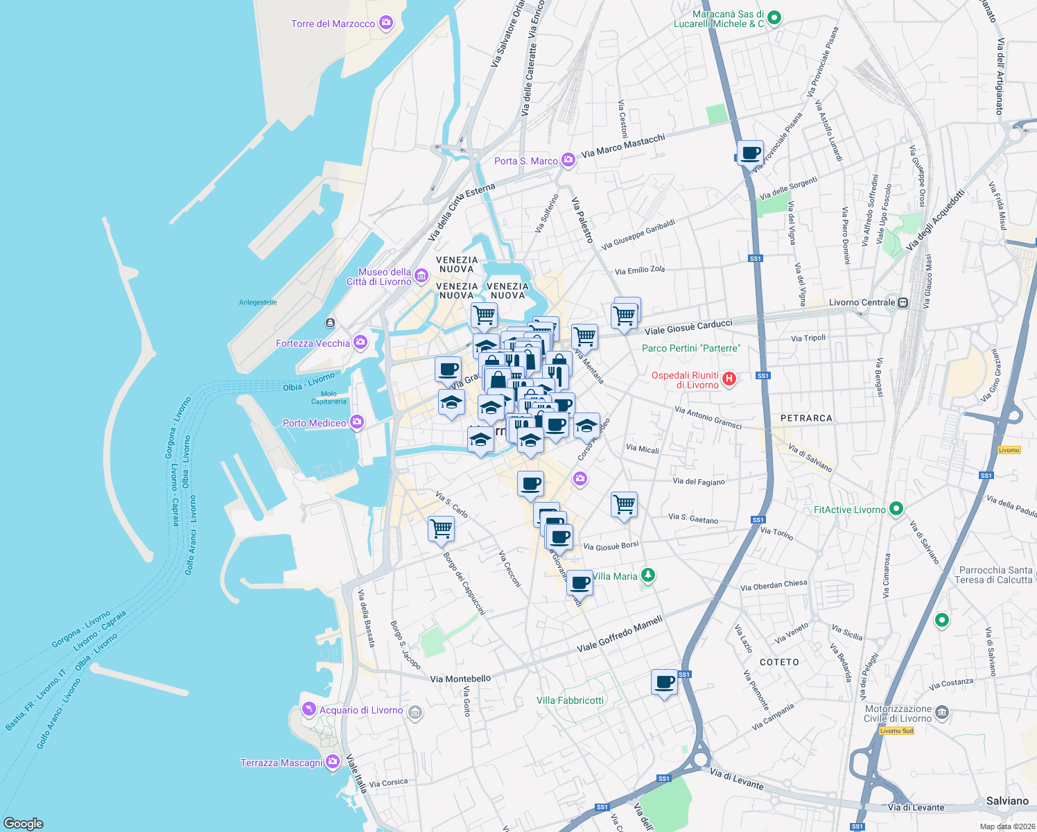 map of restaurants, bars, coffee shops, grocery stores, and more near 112 Via Buontalenti in Livorno