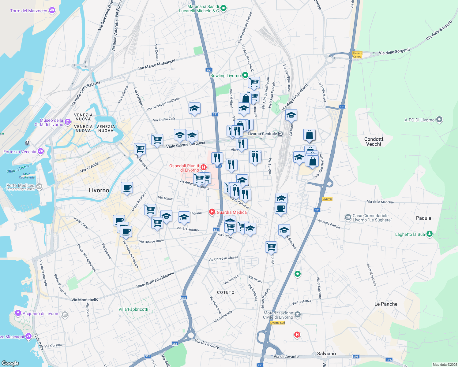map of restaurants, bars, coffee shops, grocery stores, and more near Via Guido D'Arezzo in Livorno